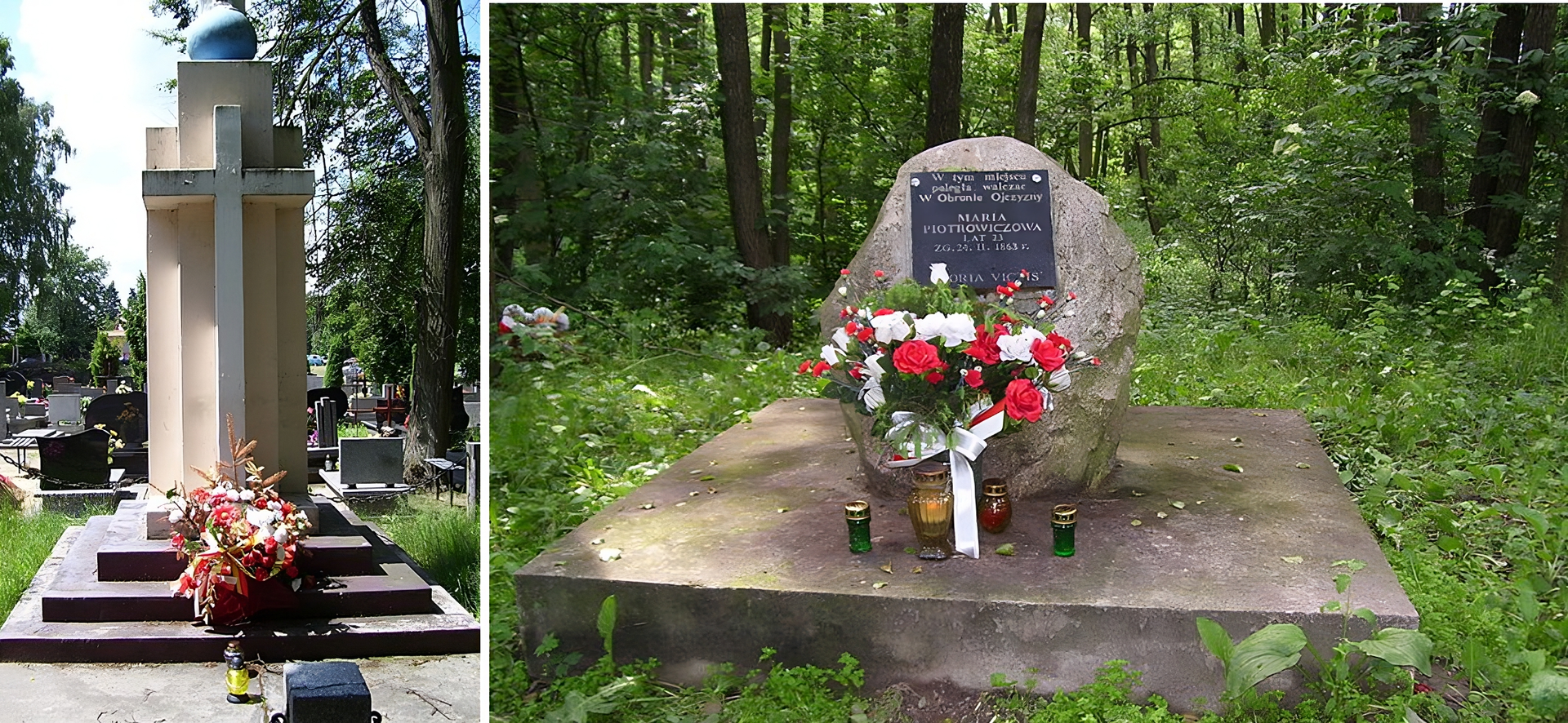 Zdjęcie po lewej stronie przedstawia ogrodzony łańcuchem pomnik na kwaterze poległych pod Dobrą powstańców styczniowych. Jest on zlokalizowany wśród współczesnych grobów, drzew i zieleni cmentarnej. Ma postać kamiennego monumentu w kształcie krzyża z kulą ziemską na szczycie i dołączonym do niego innym kamiennym elementem krzyża. Pomnik położony jest na trzech kamiennych płytach, które tworzą wokół stopnie. Przed pomnikiem jest kwietny wieniec i dwa znicze. Zdjęcie po prawej stronie przedstawia zlokalizowany wśród drzew i zieleni pomnik pamięci o Marii Piotrowiczowej. Na kamiennej płycie jest postawiony głaz z przytwierdzoną do niego tablicą. Na niej znajduje się napis: W tym miejscu poległa walcząc w Obronie Ojczyzny Maria Piotrowiczowa lat 23 zg. 24.II.1863 r. Gloria victis. Przed pomnikiem jest wiązanka kwiatów i cztery znicze.