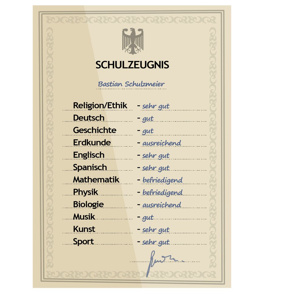 Ilustracja przedstawia świadectwo szkolne. Na górze, w ozdobnej ramce arkusza znajduje się rysunek czarnego orła. Poniżej widnieje napis   Schulzeugnis. Pod nim znajduje się imię i nazwisko ucznia   Bastian Schulzmeier, a poniżej umieszczone są nazwy przedmiotów oraz uzyskane oceny.   Religion/Ethik - sehr gut, Deutsch - gut, Geschichte - gut, Erdkunde - ausreichend, Englisch - sehr gut, Spanisch - sehr gut, Mathematik - befriedigend, Physik - befriedigend, Biologie - ausreichend, Musik - gut, Kunst - sehr gut, Sport - sehr gut.