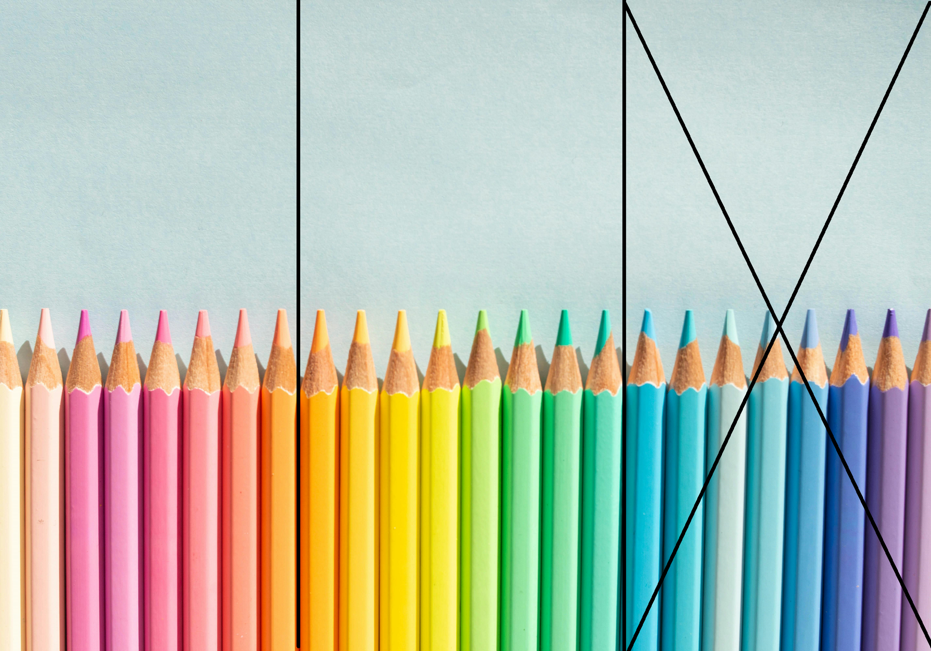 Na ilustracji przedstawiono kolorowe kredki. Kredki podzielono pionowymi kreskami na trzy grupy, w każdej po osiem kredek. Jedną grupę przekreślono.