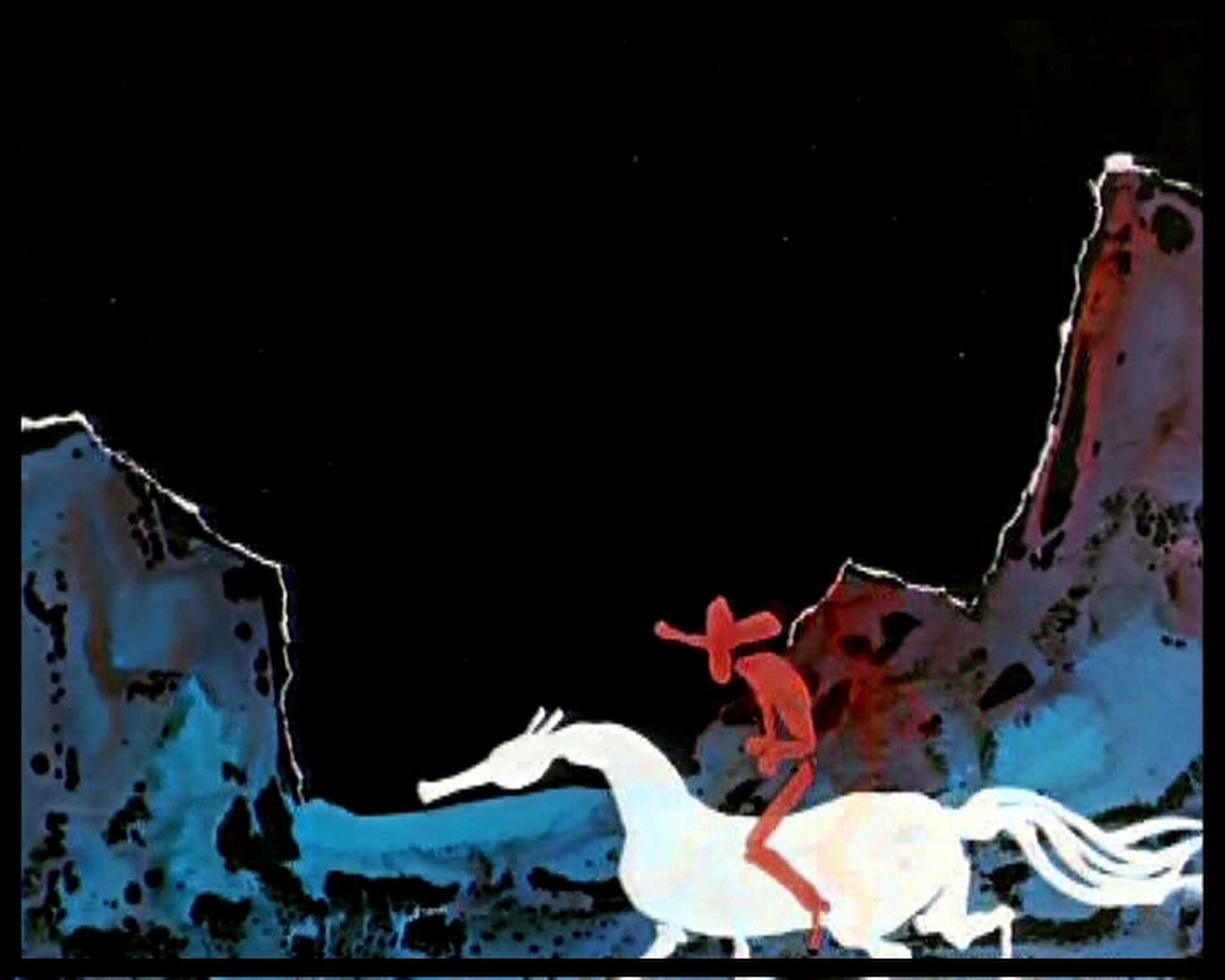 Ilustracja przedstawia fragment animacji Witolda Giersza "Mały Western". Ukazuje wycięte z papieru elementy. Na białym koniu siedzi czerwony mężczyzna w kapeluszu z dużym rondem. W tle znajduje się czerwono-niebieska wydzieranka przedstawiająca góry.