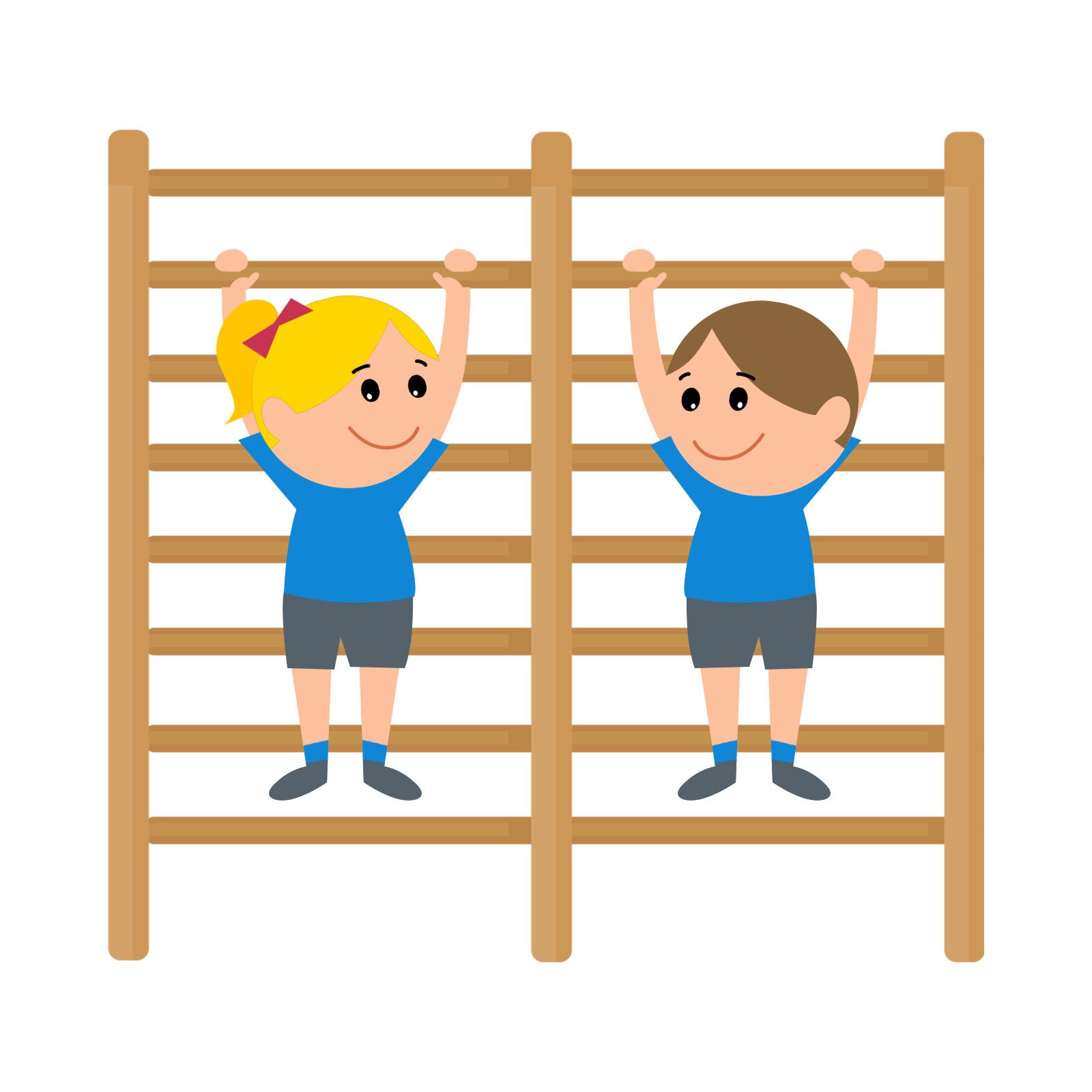 Ilustracja przedstawia dzieci na drabinkach gimnastycznych.