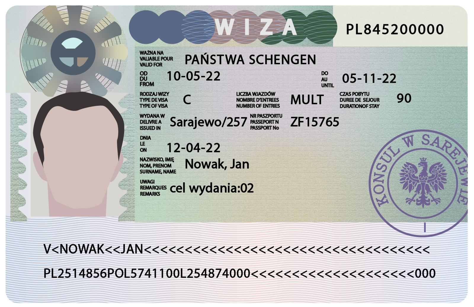 Grafika przedstawia przykładową wizę. Widoczny jest prostokąt z dużym napisem Wiza u góry, pośrodku. Po lewej stronie schematycznie przedstawione zdjęcie, zaś pośrodku i po lewej dane dotyczące osoby, która otrzymała wizę. Po prawej, u dołu, stempel konsulatu, który przyznaje wizę.