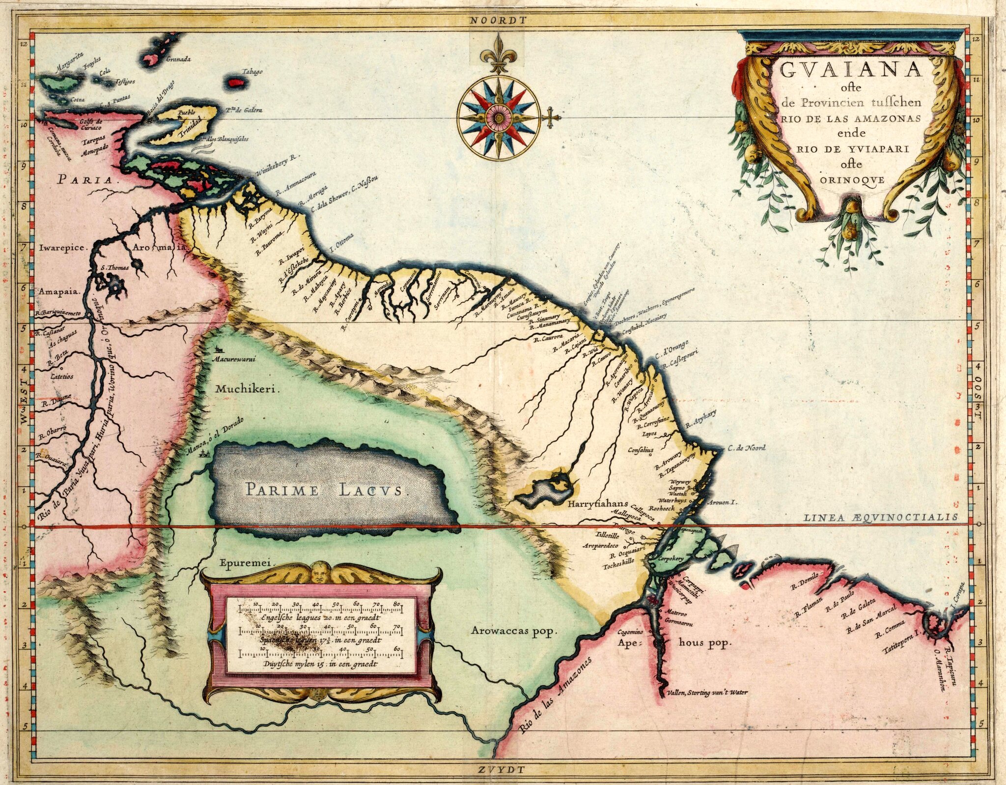 Według XVII-wiecznego holenderskiego kartografa jezioro Parima i miasto El Dorado znajdowały się właśnie tu – mapa z 1625 roku Według XVII-wiecznego holenderskiego kartografa jezioro Parima i miasto El Dorado znajdowały się właśnie tu – mapa z 1625 roku Źródło: domena publiczna.