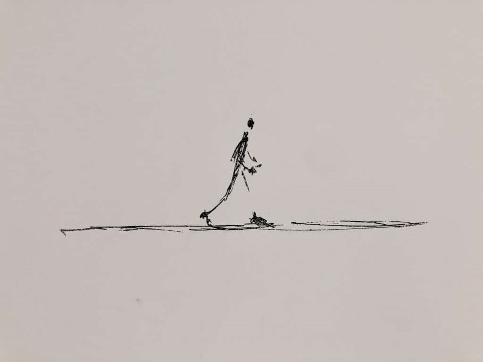 Praca przedstawia postać wychudzonego mężczyzny, który idzie naprzód. Obraz jest w kolorach czarnym i jasnoszarym. Czarne są elementy naszkicowane,  natomiast jasnoszare jest podłoże oraz tło ogólne obrazu. Narysowana postać jest skierowana w prawą stronę obrazu. Postać porusza się po bliżej nieokreślonej powierzchni, która jest jedynie delikatnym zarysem. Na obrazie można wyróżnić jeszcze masywne obuwie, które wręcz wtapia się w podłoże. 