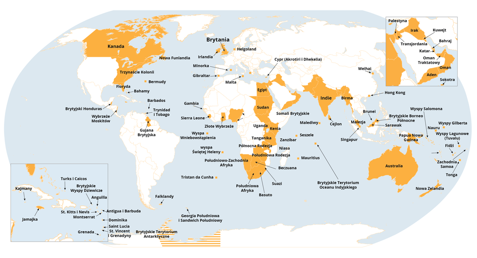 Mapa świata prezentująca brytyjskie  kolonie, protektoraty i dominia. W Ameryce Północnej: Kanadę , 13 kolonii na wschodnim wybrzeżu, Florydę, Bermudy, Brytyjski Honduras, Wybrzeże Moskitów. W Ameryce Południowej: Trinidad i Tobago, Gujanę Brytyjską. W Afryce: Egipt, Sudan, Sierra Leone, Złote Wybrzeże, Ugandę, Kenię, Tanganikę, Północną Rodezję, Południową Rodezję, Południowo‑Zachodnią Afrykę, Beczuanę, Suezi, Południową Afrykę, Basuto. W Azji: Indie, Birmę, Hong Kong. Australię, Papuę i Nową Gwineę, Nową Zelandię.