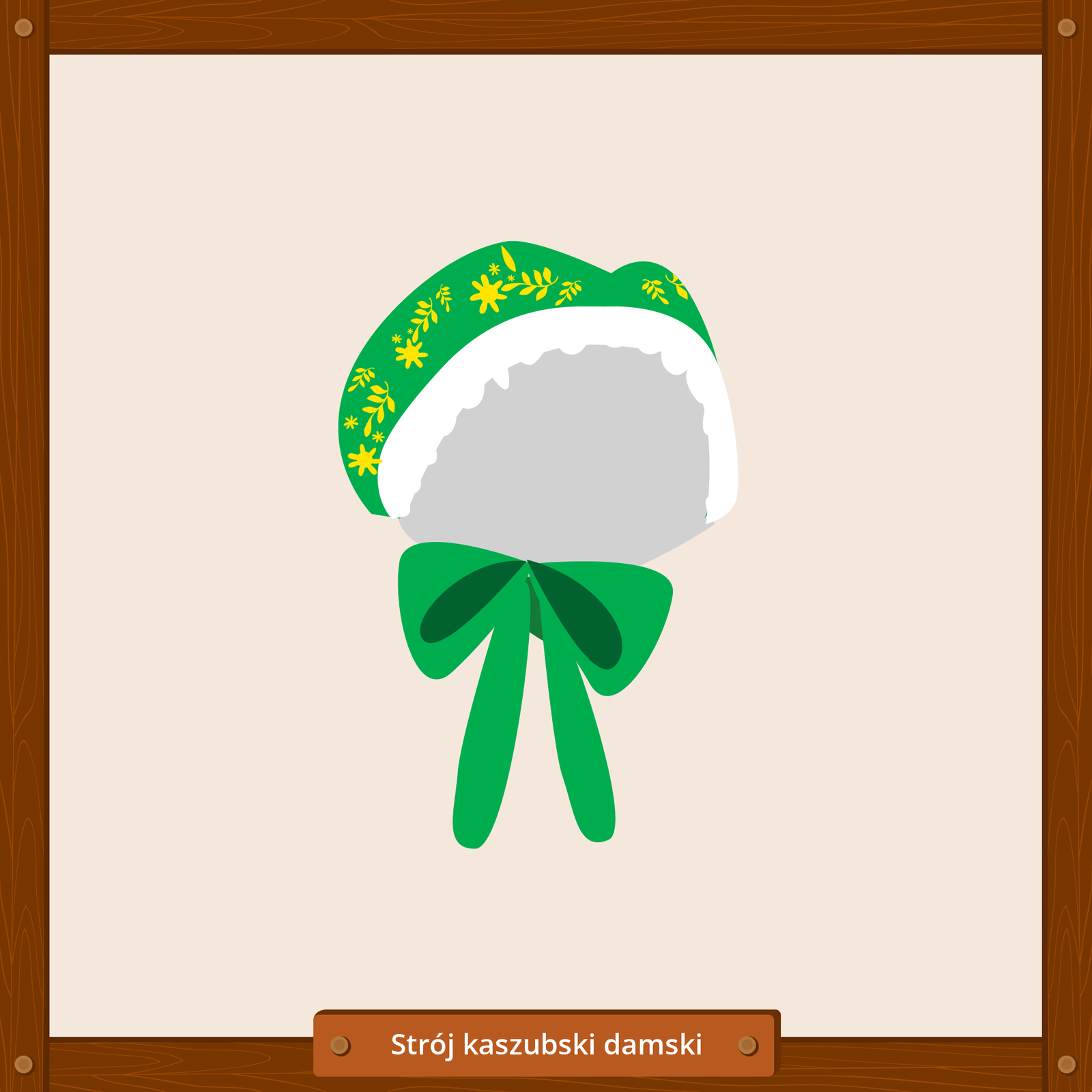 Ilustracja przedstawia element stroju kaszubskiego damskiego, jakim jest czepiec. Jest to biało‑zielona chusta wiązana z tyłu na kokardę, ozdobiona delikatnym wzorem przedstawiającym żółte kwiaty.