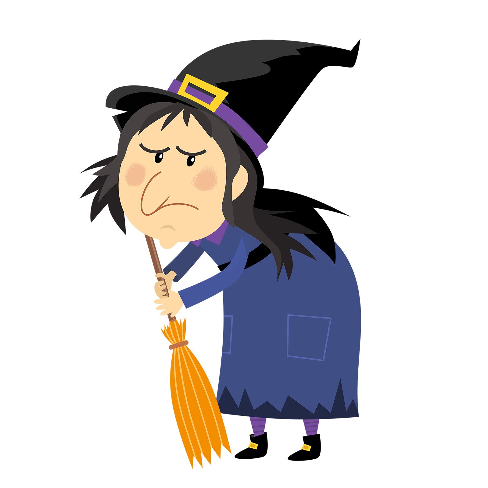 Ilustracja przedstawia czarownicę z miotłą, długim nosem i w szpiczastym kapeluszu.
