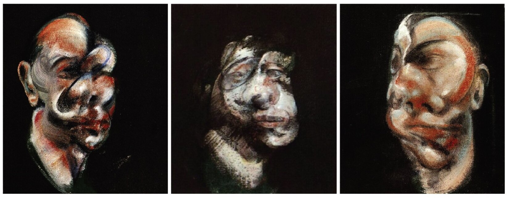 Ilustracja przedstawia trzy ukazane obok siebie prostokątne obrazy. Każdy z nich ma czarne tło i ukazuje zdeformowaną ludzką twarz – jasną skórę oraz czarne i czerwone elementy. Jedna część żuchwy jest nieproporcjonalnie duża i wypukła, widoczny jest także zdeformowany, zgięty nos. Oczy są niewyraźne, pokryte czarnymi liniami. Na twarzach widoczne są także czerwone linie oraz plamy. Twarz ukazana pośrodku jest jaśniejsza od pozostałych, jej kolory są bledsze.