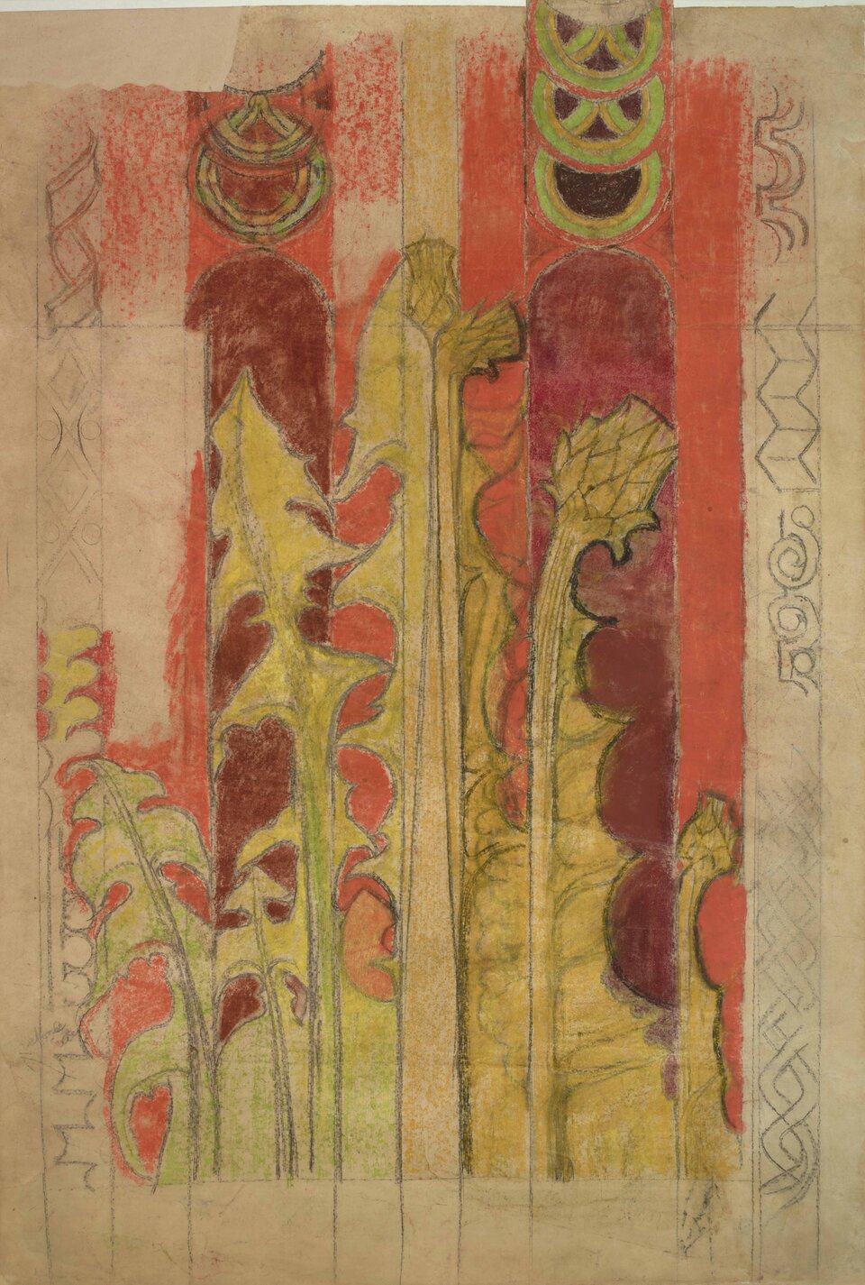 Ilustracja przedstawia pracę Wyspiańskiego, na której widoczna jest roślina przypominająca oset. Fragment projektu dekoracji malarskiej do kościoła Franciszkanów w Krakowie.