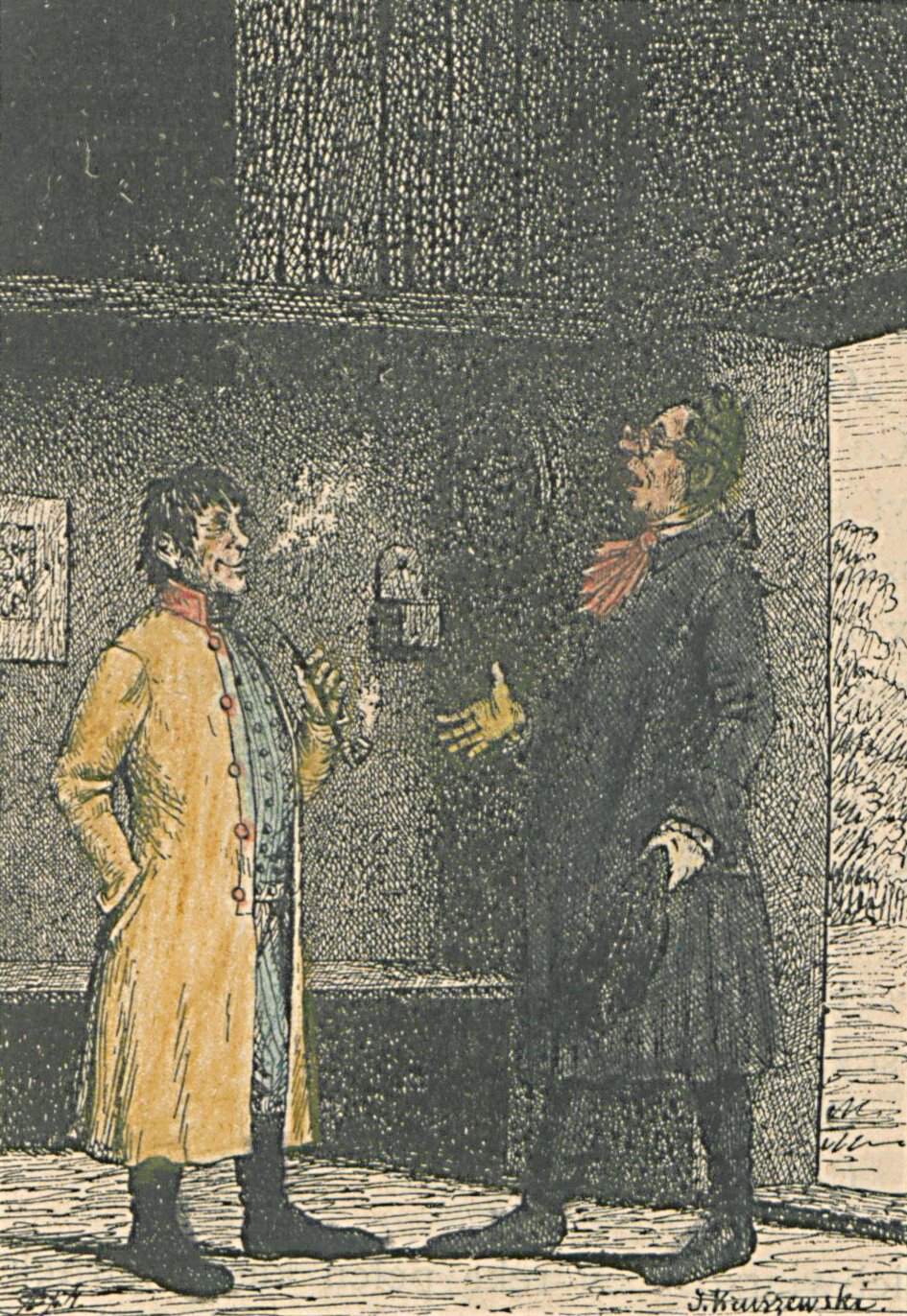 Ilustracja przedstawia dwóch mężczyzn stojących w ciemnym pomieszczeniu, do którego wpada światło jedynie przez drzwi z prawej strony kompozycji. Po lewej stronie stoi chłop, który nosi jasnobrązową sukmanę i błękitną, pasiastą koszulę oraz podobne spodnie wpuszczone w czarne buty z cholewami. Prawą rękę trzyma w kieszeni sukmany, w lewej ma fajkę. Z jego ust wydobywa się dym. Ma półdługie, ciemne, rozczochrane włosy. Uśmiecha się i mruży oczy. Naprzeciwko niego, po prawej stronie, stoi filozof, który nosi czarny surdut, przyozdobiony pod brodą czerwoną krawatką, rozkłada ręce, coś argumentując chłopu. W lewej dłoni trzyma kapelusz. Ma jasną perukę z warkoczem związanym kokardą i druciane okulary. W tle ściana, wzdłuż której stoi ława. Na niej wisi domowa kropielnica, na lewo od niej obrazek. Z prawej strony otwarte drzwi.