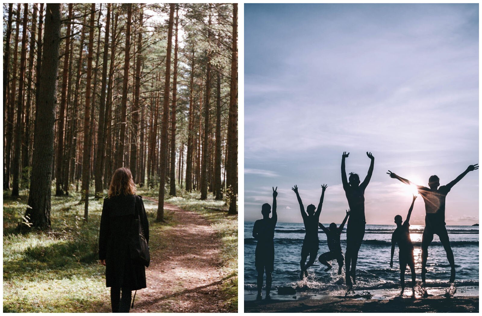 Ilustracja składa się z dwóch zdjęć. Na zdjęciu po lewej stronie widoczna jest stojąca tyłem do obiektywu kobieta stojącą samotnie. Kobieta ubrana jest w czarny płaszcz, a na prawym ramieniu ma przewieszoną torebkę. Stoi na leśnej dróżce, która biegnie pomiędzy wysokimi sosnami, oświetlanymi promieniami słońca. Na zdjęciu po prawej stronie widoczna jest grupa ludzi nad brzegiem zbiornika wodnego. Postaci podskakują, mają uniesione ręce, wygłupiają się. Ujęcie wykonane jest z tyłu, a promienie wschodzącego słońca powodują, że widać jedynie ciemne zarysy sylwetek.