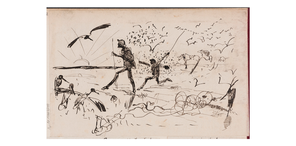 Ilustracja przedstawia szkic. Ukazuje on dwóch wędrowców. Postaci noszą na głowach kapelusze. W dłoniach trzymają długie kije. Mężczyzna idący z przodu jest wysoki. Ma długie nogi i stawia długie kroki. Podpiera się o kij. Za nim biegnie drugi, znacznie niższy mężczyzna. Nad jego głową fruwają ptaki i owady. Mężczyzna unosi kij, aby je odstraszyć. Po prawej stronie ukazany jest strach na wróble. Po lewej stronie ukazana jest gałąź, na której siedzą ptaki. W tle ukazane jest zachodzące słońce. 