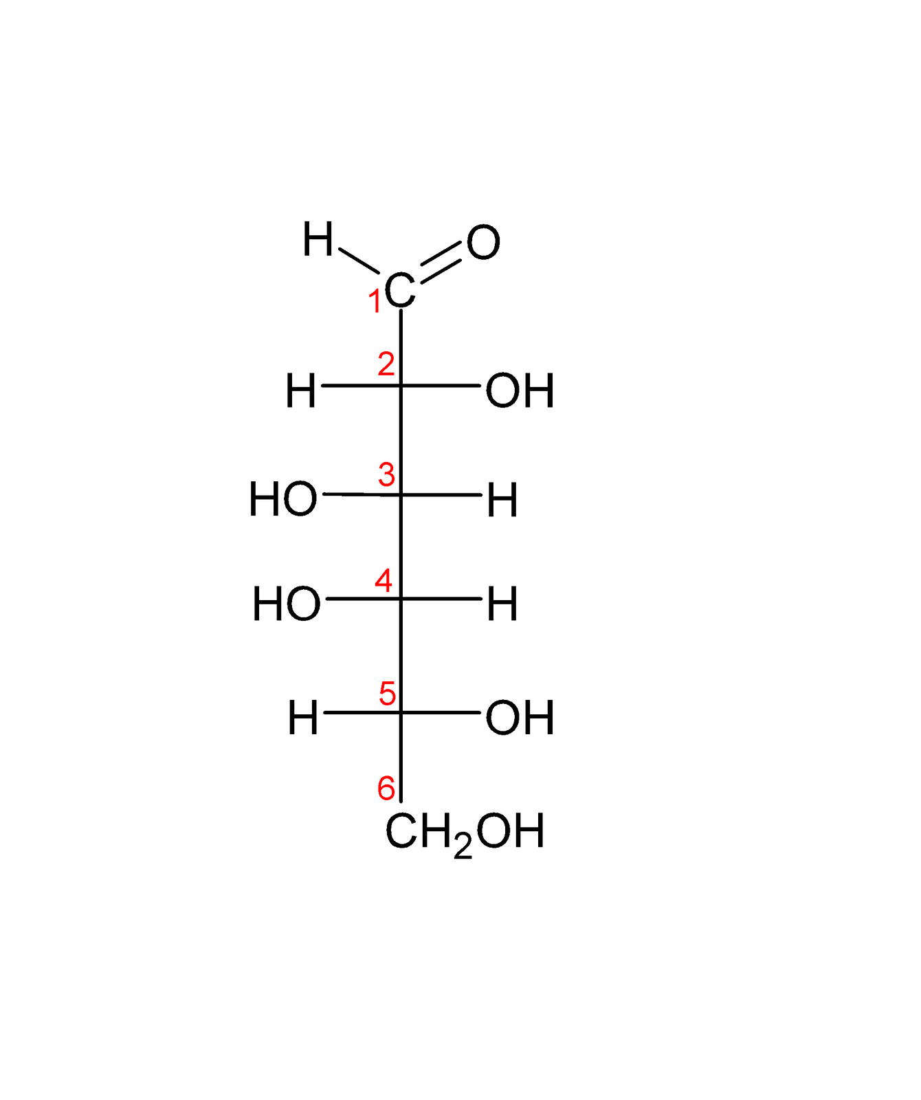 Na ilustracji jest wzór przedstawiający formę łańcuchową D-galaktozy. Łańcuch główny jest zorientowany pionowo. Zaznaczono sześć atomów węgla, liczone są w kolejności od góry. Pierwszy atom węgla łączy się wiązaniem podwójnym z atomem węgla i wiązaniem pojedynczym z atomem wodoru. To grupa aldehydowa. Przy drugim atomie węgla po lewej stronie jest atom wodoru, a po prawej stronie grupa hydroksylowa. Trzeci i czwarty atom węgla po lewej stronie łączy się z grupą OH, po prawej z atomem wodoru. Piąty atom węgla łączy się po lewej stronie z atomem wodoru, a po prawej z grupą OH. Szósty atom węgla wchodzi w skład grupy C H 2 O H .