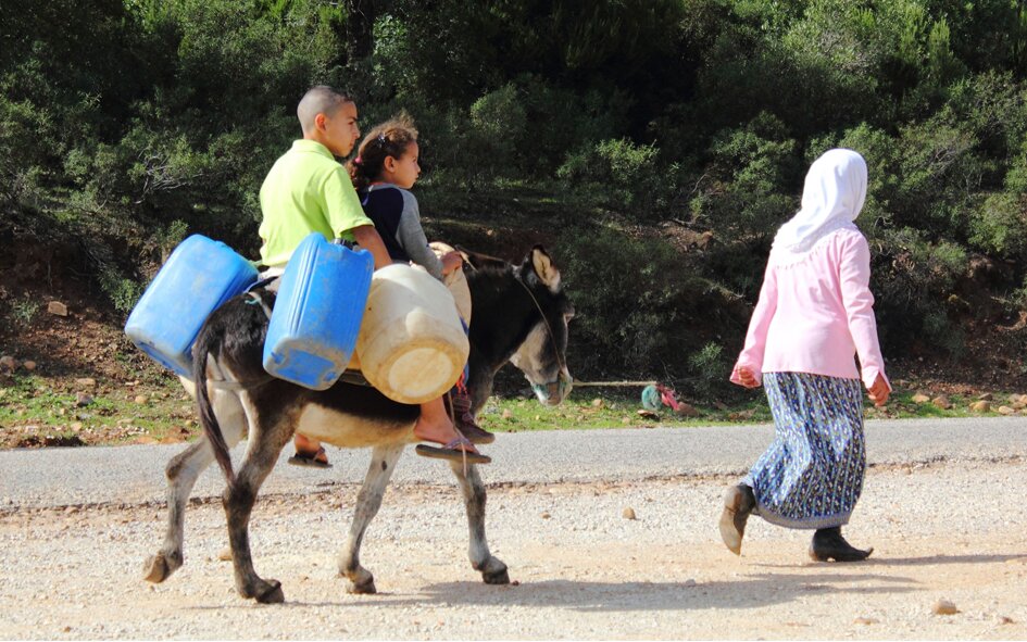 Zdjęcie przedstawia rodzinę podążającą z pustymi kanistrami i beczkami po wodę. Siedzą na ośle, który idzie piaszczystą drogą.