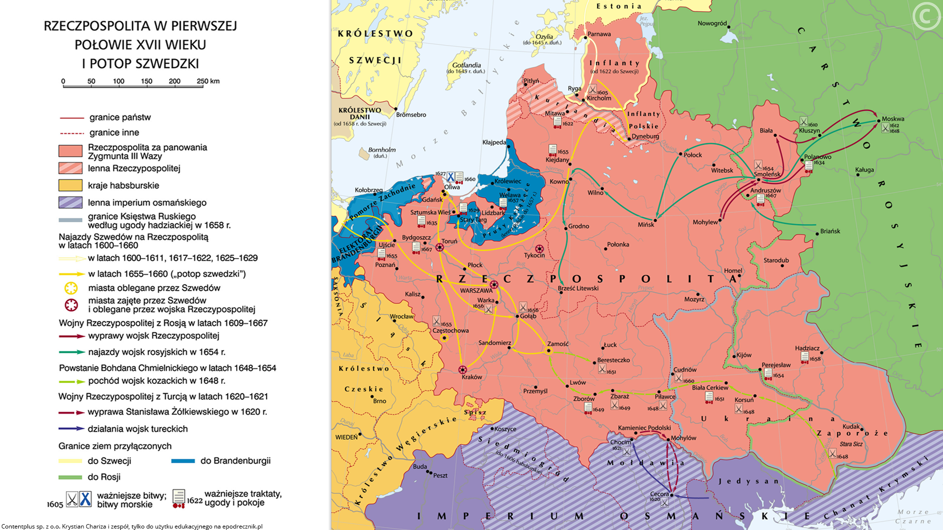 Grafika przedstawiająca mapę terytorium Rzeczpospolitej w pierwszej połowie XVIII wieku i potop Szwedzki.