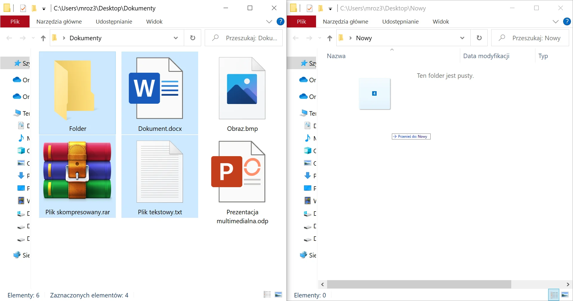 Zrzut z systemu Windows z otwartymi dwoma folderami "Dokumenty" oraz "Nowy" znajdującymi się na Pulpicie użytkownika "mroz3". Na zrzucie dokonywana jest operacja przenoszenia czterech zaznaczonych plików z folderu "Dokumenty" do "Nowy". W folderze "Dokumenty" znajduje się 6 elementów - folder podpisany "Folder", dokument .docx podpisany "Dokument", obraz .bmp podpisany "Obraz", plik skompresowany .rar podpisany "Plik skompresowany", plik tekstowy .txt o nazwie "Plik tekstowy" oraz prezentacja multimedialna .odp o nazwie "Prezentacja multimedialna". Folder "Nowy" jest pusty. Zaznaczone i przenoszone są: "Folder", "Dokumenty", "Plik skompresowany" oraz "Plik tekstowy". 