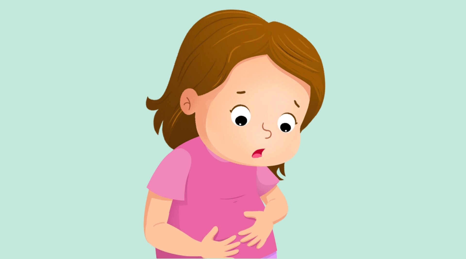 Na ilustracji znajduje się dziewczynka. Trzyma się za brzuch.