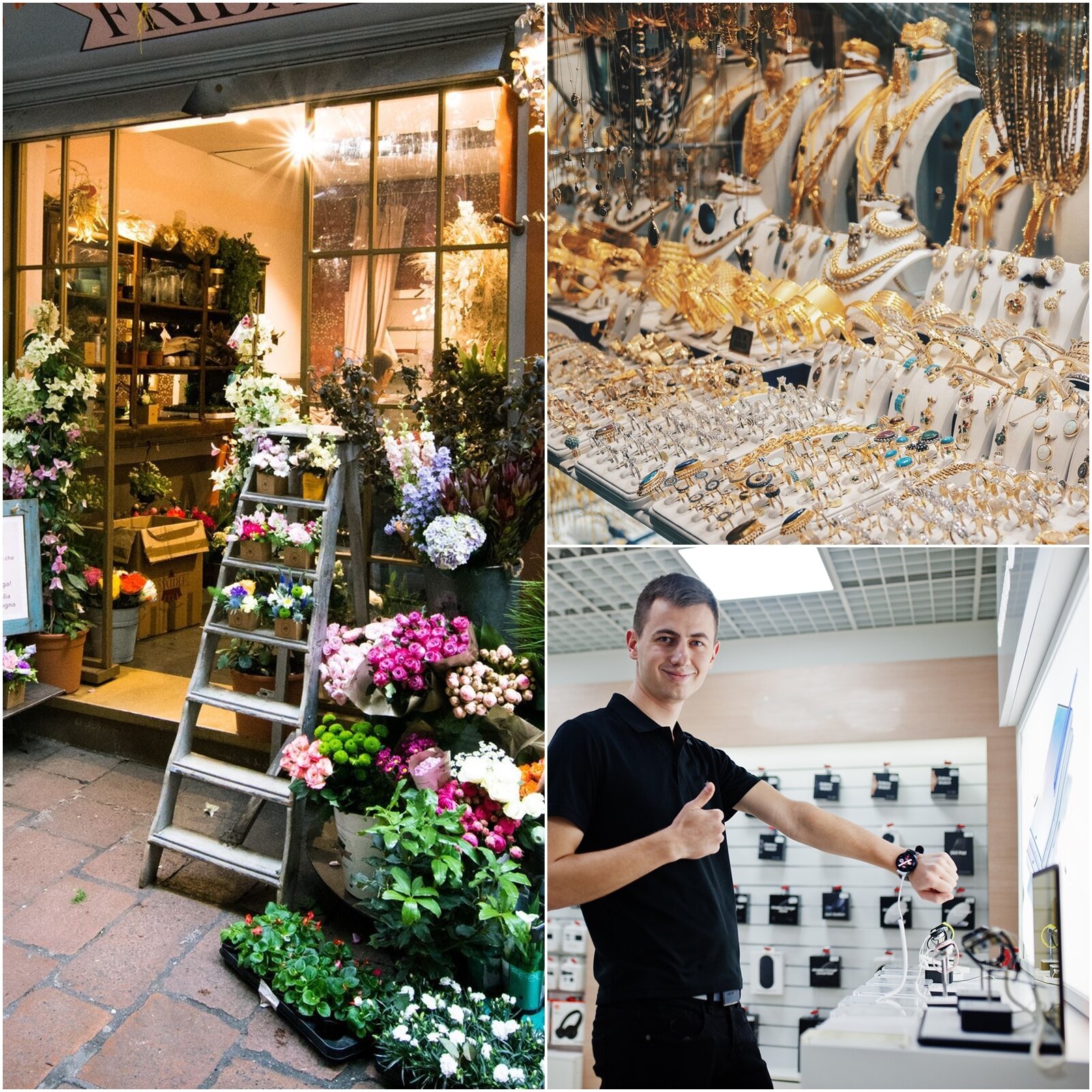 Ilustracja złożona jest z trzech zdjęć. Pierwsze zdjęcie po lewej przedstawia wejście do kwiaciarni. Widoczne są doniczki z kwiatami oraz różnego rodzaju pojemniki, w które wstawione są kwiaty, a o ścianę oparta jest dekoracyjna drabina. Drugie zdjęcie, po prawej u góry, przedstawia wystawę biżuterii. Na pierwszym planie znajdują się podkładki z pierścionkami, powyżej nich z bransoletkami, a za nimi znajdują się naszyjniki umieszczone na manekinach. Trzecie zdjęcie, po prawej na dole, przedstawia wnętrze salonu sprzedaży. Na pierwszym planie widoczny jest młody mężczyzna, który na lewej ręce ma założony zegarek, a prawym kciukiem pokazuje OK. Na prawo od niego widoczna jest lada, na której eksponowane są zegarki. W tle, na ścianie widoczne są wiszące pudełka z produktami.