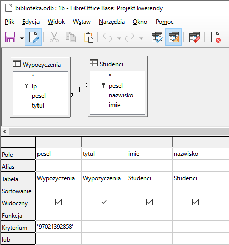 Zrzut ekranu z programu LibreOffice Base przedstawiający relacje między tabelami: Wypozyczenia oraz Studenci. W tabeli Wypozyczenia pola: lp, pesel, tytul. W tabeli Studenci pola: pesel, nazwisko, imie. Tabele te połączono na wysokości pól pesel. Poniżej tabela z właściwościami. Wiersze nazwano kolejno: Pole, Alias, Tabela, Sortowanie, Widoczny, Funkcja, Kryterium. Uzupełniono niektóre wiersze. Wiersz Pole: pesel, tytul, imie, nazwisko. Wiersz Tabela: Wypozyczenia, Wypozyczenia, Studenci, Studenci. Wiersz Widoczny: we wszystkich komórkach zaznaczono haczyk. Wiersz Kryterium: w pierwszej komórce ‘97021392858’. 