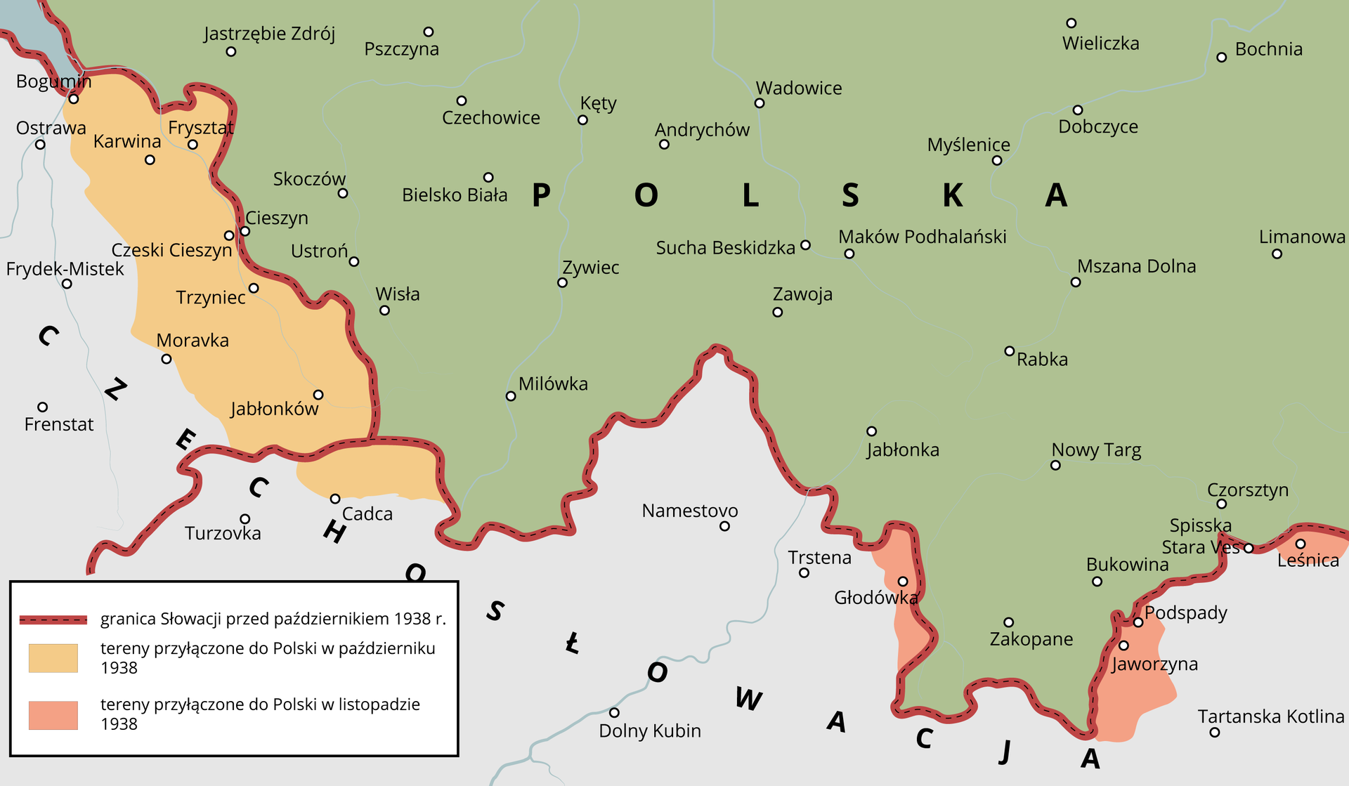 Ilustracja przedstawia mapę. Są na niej zaznaczone następujące kraje: Polska i Czechosłowacja. Zaznaczona jest granic Słowacji przed październikiem 1938 r. Zaznaczone są tereny Czech przy granicy z Polską, które zostały przyłączone do Polski w październiku 1938. Obejmują miasta: Czeski Cieszyn, Trzyniec, Karwina, Frysztat, Jabłonków. Zaznaczone są trzy miejsca na terenie Słowacji przy granicy z Polską, które zostały przyłączone do Polski w 1938 roku. Obejmuję następujące miasta: Głodówka, Jaworzyna, Podspady, Leśnica.