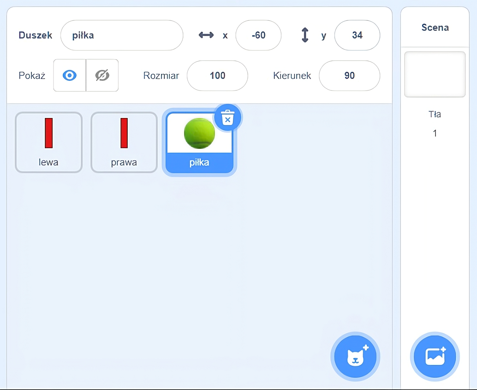 Na zdjęciu widać okno aplikacji gry na którym przedstawiony jest fragment obszaru zarządzania duszkami. W górnej części obszaru widać pole z etykietą duszka. W polu znajduje się opis: piłka. Obok pola po prawej stronie widoczny jest symbolem osi iks: z liczbą minus sześćdziesiąt oraz symbol osi igrek z liczbą trzydzieści cztery. Niżej znajduje się etykieta pokaż z przyciskami oka oraz przekreślonego oka. Ikona z okiem jest zaznaczona na niebiesko. Obok znajdują się pola rozmiar oraz kierunek z przypisanymi liczbami sto oraz dziewięćdziesiąt.Niżej w lewym górnym rogu znajdują się trzy zdjęcia. Na pierwszych dwóch zdjęciach widoczne są czerwone poziome cienkie prostokąty. Na trzecim zdjęciu znajduje się piłka do tenisa. W prawym górnym rogu trzeciego zdjęcia umieszczony jest symbol kosza. Pod zdjęciami widoczne są podpisy. Pod zdjęciami prostokątów podpis składa się z małych liter, dużych liter i cyfr. Pod zdjęciem piłki znajduje się opis: tenis ball. Na dole, w prawym dolnym rogu, widać umieszczony przycisk przedstawiający głowę kota.