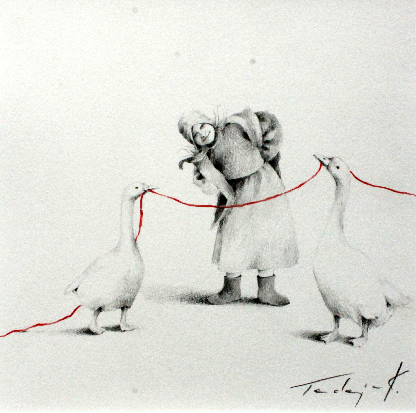 Ilustracja. W centrum czarno‑białej kompozycji znajduje się postać małej dziewczynki z chustą na głowie, ubranej w zgrzebną sukienkę, gruby płaszcz oraz zimowe buty z cholewkami nad kostkę. Uśmiechnięte dziecko podparte rękoma pod boki, przechylając się w prawą stronę, przygląda się stojącym przed nim dwóm gęsiom, które w dziobach trzymają czerwony sznurek. Czerwona linia ciągnie się od prawej strony kadru, poprzez dzioby ptaków, aż do lewej krawędzi rysunku. Jest to dominujący akcent kolorystyczny w czarno‑białym rysunku.