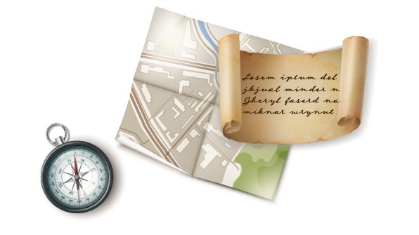 Grafika przedstawia elementy, które mogą być wykorzystane w questingu. W lewej dolnej części widać kompas, na prawo od niego widać plan miasta oraz rozwinięty rulon pergaminu ze stylizowanym napisem.