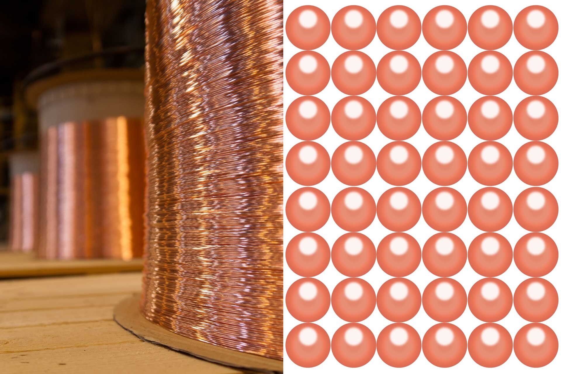 Seria ilustracji przedstawiająca przykłady budowy materii. Na pierwszej widoczny jest zwinięty drut miedziany, a obok - model atomu miedzi. Model atomu miedzi - pionowe i poziome zwarte równe rzędy brązowych kulek. 