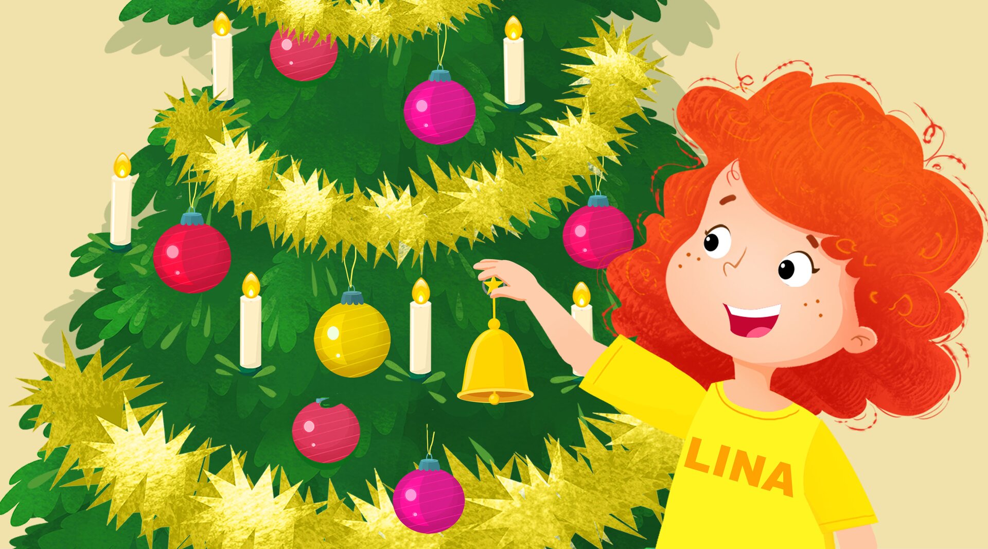 Na ilustracji znajduje się dziewczynka, która dekoruje choinkę.