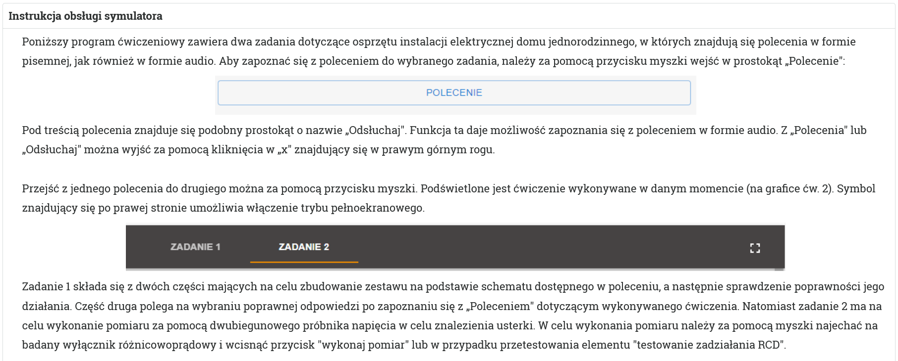 Ilustracja przedstawia otwarty panel z instrukcją obsługi symulatora, która została umieszczona bez pośrednio przy materiale.