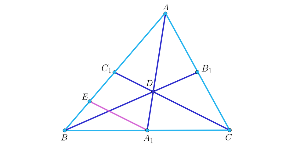 Na ilustracji przedstawiono trójkąt A B C. Z wierzchołka A poprowadzono środkową do punktu A indeks dolny, jeden, koniec indeksu dolnego, leżącego na boku B C. Z wierzchołka B poprowadzono środkową do punktu B indeks dolny, jeden, koniec indeksu dolnego, leżącego na boku A C. Z wierzchołka C poprowadzono środkową do punktu C indeks dolny, jeden, koniec indeksu dolnego, leżącego na boku A B. Zaznaczono punkt D w miejscu przecięcia wszystkich środkowych tego trójkąta. Z punktu A indeks dolny, jeden, koniec indeksu dolnego, do punktu E leżącego na boku A B, poprowadzono prostą równoległą do środkowej C C indeks dolny, jeden, koniec indeksu dolnego.