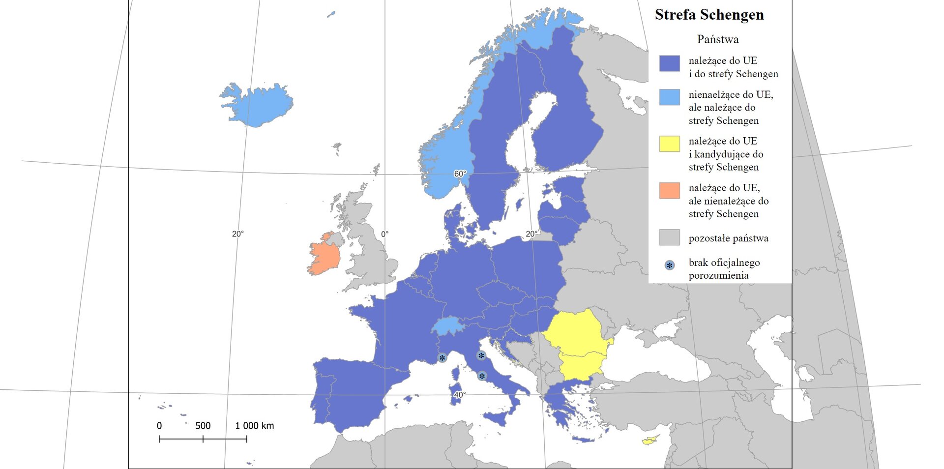 Mapa polityczna Europy przestawiająca strefę Schengen. W prawym górnym rogu legenda z objaśnieniem użytych barw. Kolorem niebieskim oznaczono państwa należące do Unii Europejskiej i strefy Schengen. Kolorem błękitnym oznaczono państwa nienależące do Unii Europejskiej, ale należące do strefy Schengen. Kolorem żółtym oznaczono państwa należące do Unii Europejskiej i kandydujące do strefy Schengen. Kolorem pomarańczowym oznaczono państwa należące do Unii Europejskiej, ale nienależące do strefy Schengen. Kolorem szarym oznaczono pozostałe państwa.  Państwa nienależące do Unii Europejskiej, ale należące do strefy Schengen – Islandia, Norwegia, Szwajcaria, Liechtenstein. Państwa należące do Unii Europejskiej i kandydujące do strefy Schengen – Rumunia, Bułgaria, Cypr. Państwo należące do Unii Europejskiej, ale nienależące do strefy Schengen – Irlandia. Gwiazdką oznaczono państwa, w których nie ma oficjalnego porozumienia co do kwestii strefy Schengen–Watykan, San Marino, Monako. Pozostałe państwa Unii Europejskiej oznaczono na niebiesko, ponieważ należą one do strefy Schengen. Inne państwa oznaczono na szaro.