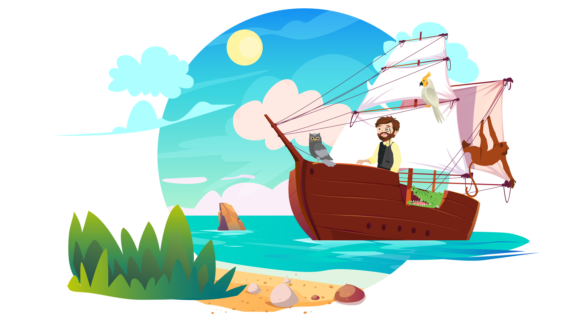 Ilustracja przedstawia morski krajobraz. W tle widać niebieskie niebo ze słońcem i jasnymi chmurami, a na pierwszym planie morze i plażę z kamieniami i zieloną roślinnością. Po morzu płynie duży brązowy statek z białymi żaglami. Na statku stoi uśmiechnięty doktor Dolittle. Widać go od pasa w górę, patrzy przed siebie. Na twarzy nosi monokl, czyli dawny rodzaj okularów z jednym szkłem. Jest ubrany w jasnożółtą koszulę z długimi rękawami i kołnierzykiem oraz elegancką czarną kamizelkę. To doktor Dolittle. Oprócz niego na statku znajdują się także cztery zwierzęta: szara sowa, zielony krokodyl, żółto‑szara papuga oraz brązowa małpa.