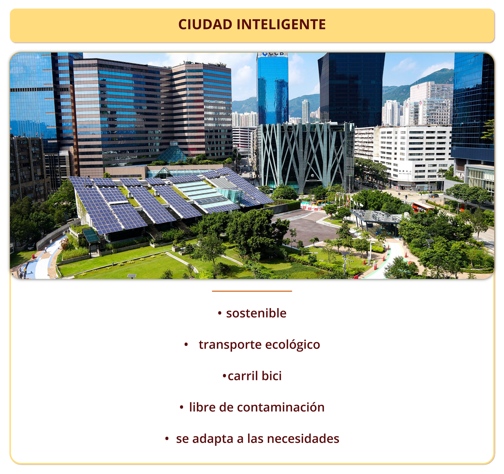 Nagłówek grafiki: CIUDAD INTELIGENTE. Poniżej zdjęcie przedstawiające nowoczesne miasto z wieżowcami, panelami słonecznymi na niższych budynkach oraz z wkomponowaną zielenią. Poniżej: sostenible, transporte ecológico, carril bic, libre de contaminación, se adapta a las necesidades.
