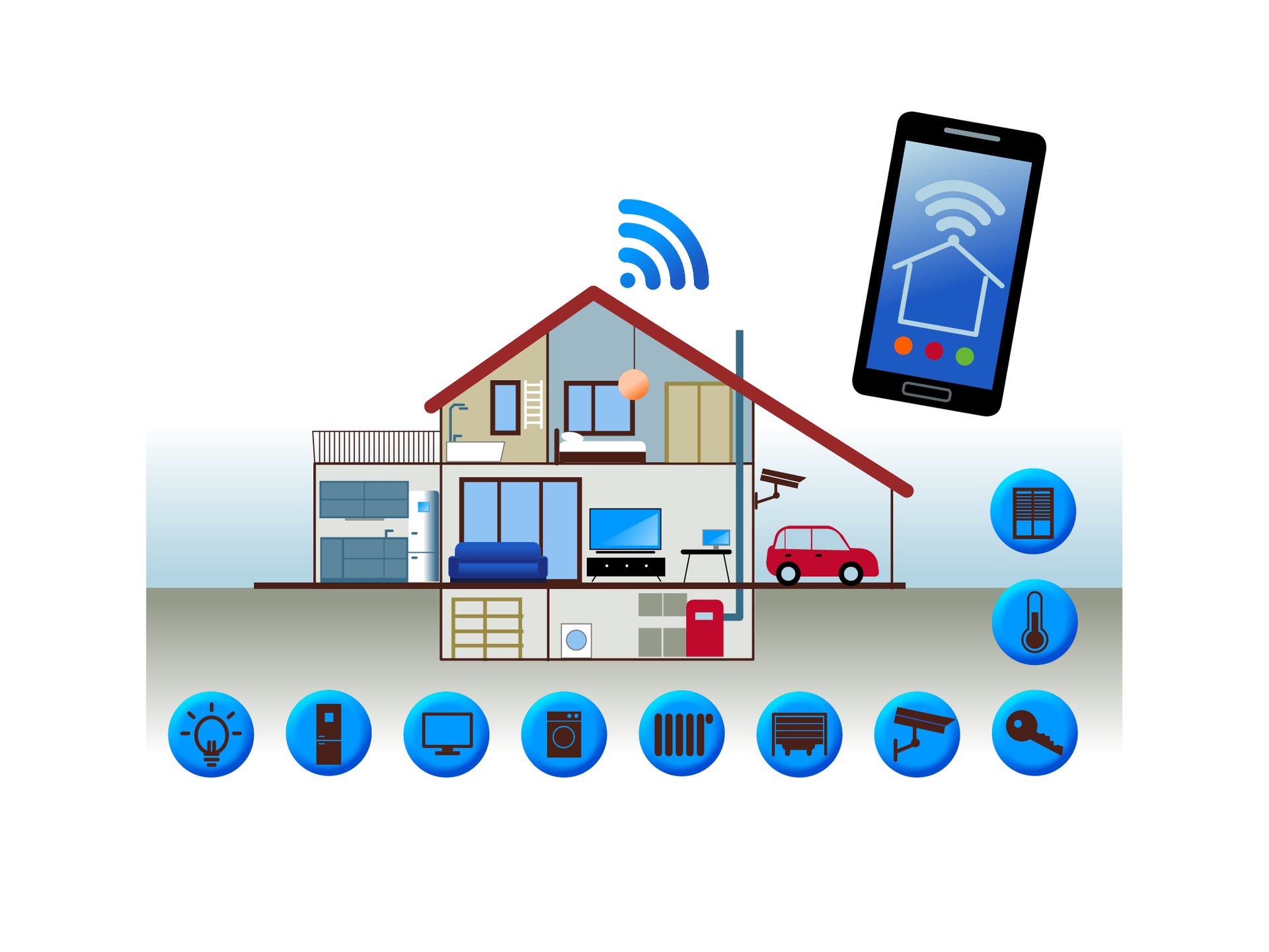 Ilustracja przedstawia schematyczny przekrój smart home. Obok domu narysowano telefon, na którym widoczny jest dom z symbolem wifi. Obok widoczne są ikony: żarówki, lodówki, telewizora, pralki, grzejnika, drzwi garażowych, kamery, klucza, termometru i klimatyzacji.