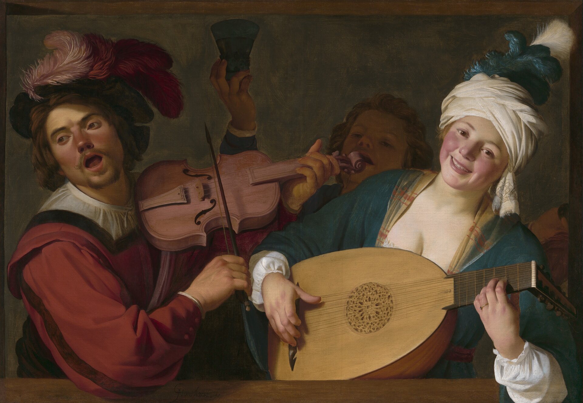 Ilustracja przedstawia obraz Gerarda Honthorsta „Grupa wesołków za balustradą ze skrzypcami i lutnią”. Ukazuje troje muzykantów. Mężczyzna w czerwonym stroju i kapeluszu z czerwonymi piórami gra na skrzypcach. Młoda kobieta, w niebieskiej sukni z dużym dekoltem oraz w białym turbanie z niebieskim zdobieniem, gra na lutni. W tle, w cieniu, znajduje się trzeci mężczyzna z uniesioną do góry ręką, w której trzyma przedmiot przypominający kielich.