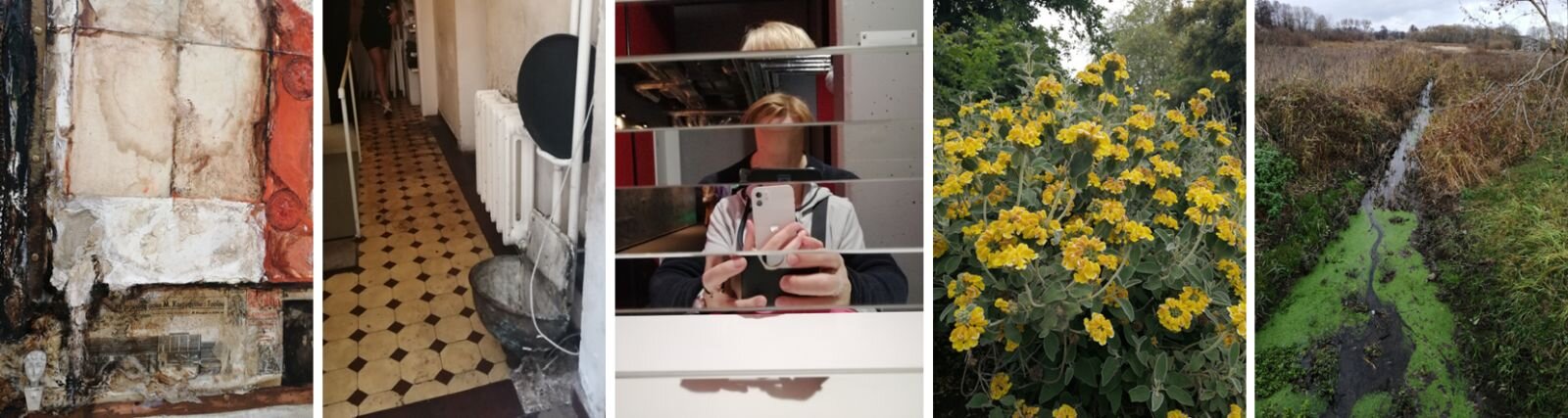 Fotokolaż składa się z 5 fotografii, które przywołują różne estetyczne wrażenia; odrapana ściana, wnętrze korytarza, zamulona rzeczka są brzydkie, a kwitnące kwiaty, są odbierane jako ładne. Jedno zdjęcie może budzić różne odczucia, to fotomontaż złożony z pociętej w paski fotografii siedzącego chłopca. Trudno je od razu określić, jednemu się spodoba - innemu nie. 