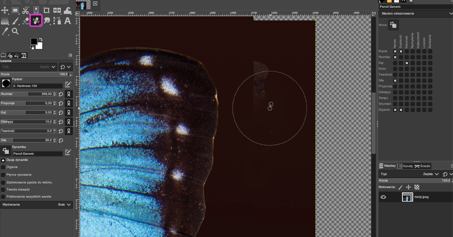 Ilustracja przedstawia okno programu. Z ikon po lewej stronie okna wybrano łatkę. W obszarze roboczym jest zbliżenie na fragment skrzydła motyla. Widoczne liczne piksele. Obok skrzydła jest okrąg z linii przerywanej. Po prawej stronie jest panel dotyczący Pencil Generic, Macierz odwzorowania. Poniżej jest sekcja dotycząca warstw. Tam jedna warstwa: motyl.jpeg.
