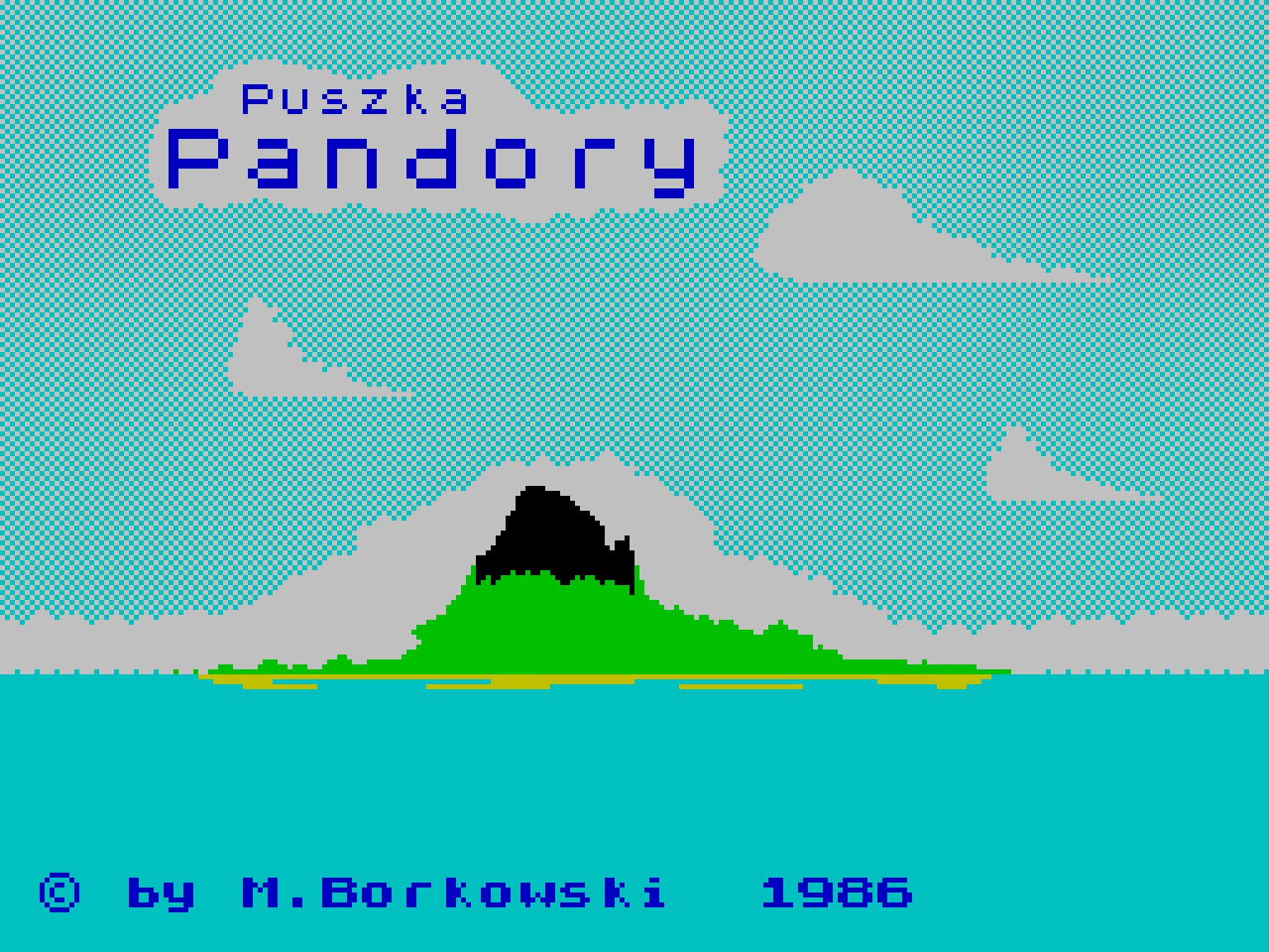 Grafika przedstawia starą grę komputerową. Przedstawione jest na niej niebieskie może, w oddali widać zieloną wyspę z wysoką górą, jej szczyt jest koloru czarnego. W miejscu gdzie wyspa łączy się z możem jest żółta plaża. Nad wyspą unosi się biała mgła. Powyżej jest błędkiten niebo, złożne jest ono z małych białych i niebieskich pikseli ułożonych naprzemian poliomo i pionowo. Na tle nieba są białe chmury, w środku jednej z chmur znajduje się napis "Puszka Pandory". Na dole grafiki jest ciemno niebieski napis" by M. Borkowski tysiąc dziewięćset osiemdziesiąt sześć.