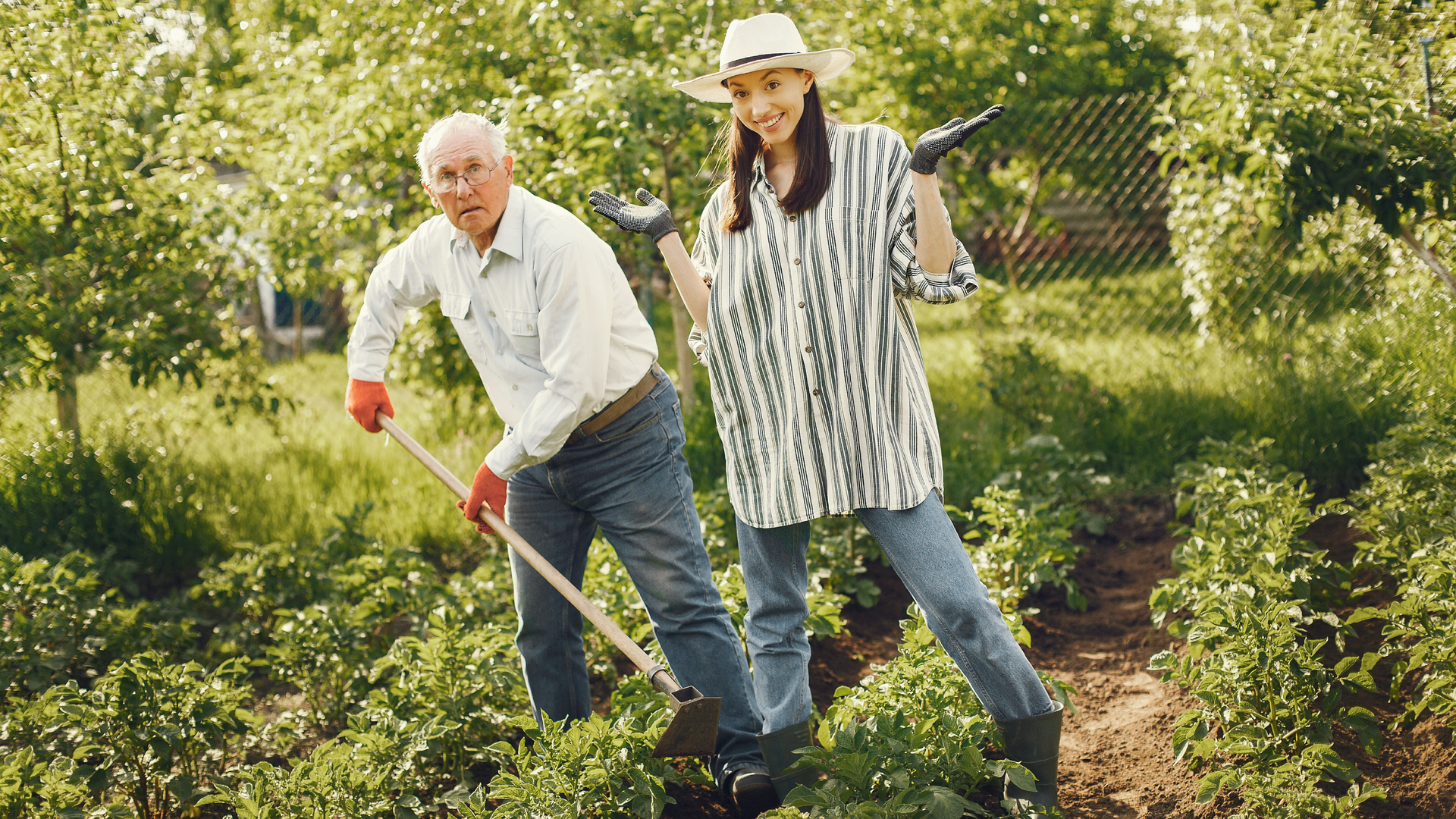 Zdjęcie przedstawia kobietę i mężczyznę pracujących w ogrodzie. Kobieta znajduje się po prawej stronie na zdjęciu. Ubrana jest w słomkowy kapelusz, długą koszulę w paski, a na rękach ma gumowe rękawiczki. Kobieta uśmiecha się i rozkłada ręce. Po lewej stronie na zdjęciu znajduje się starszy, łysiejący mężczyzna w okularach. Mężczyzna  w ręku trzyma haczkę ogrodową. Kobieta i mężczyzna stoją pośród równo zrobionych grządek. 