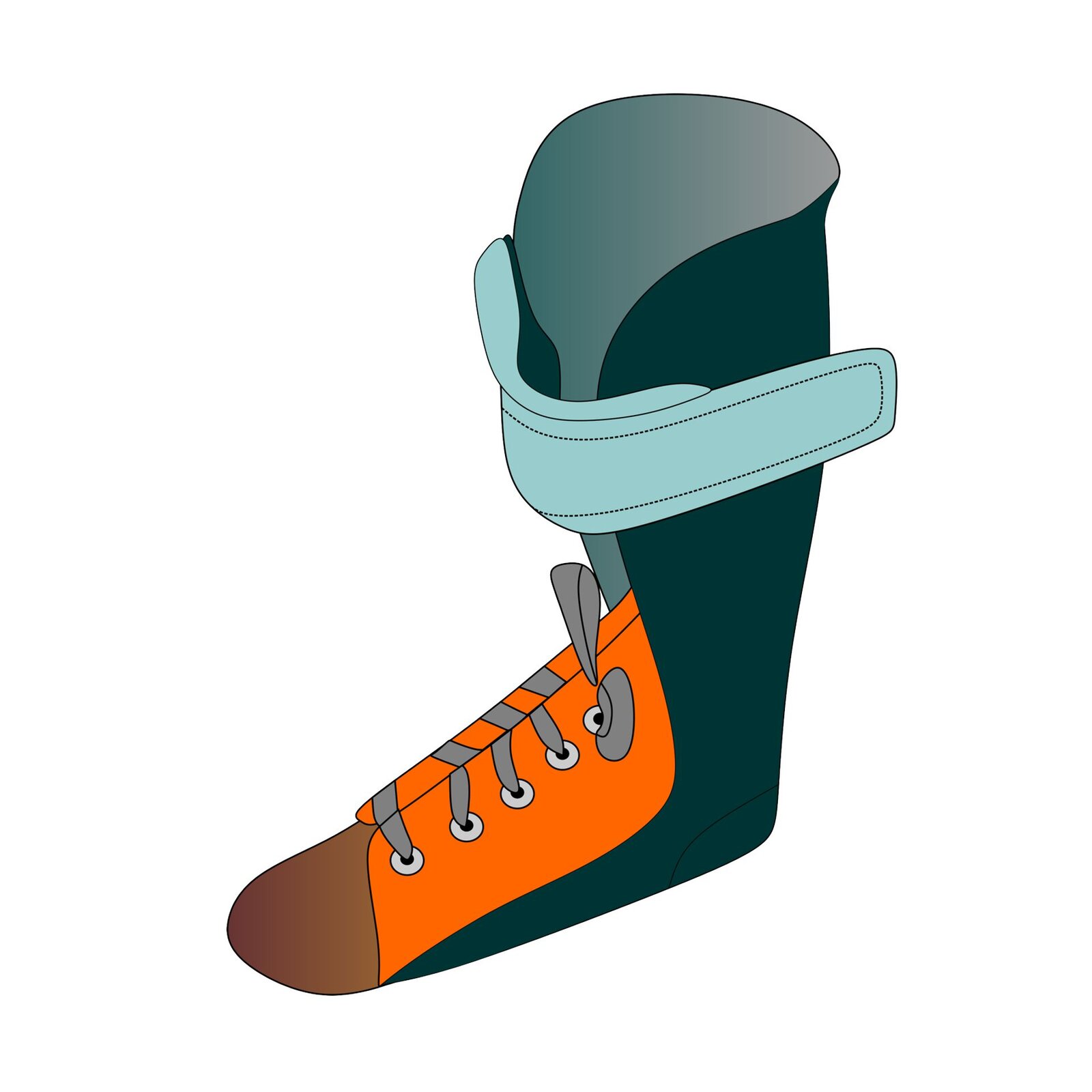 Grafika przedstawia ortezę mającą formę płaskiej podeszwy i przedłużenie wzdłuż kości piszczelowej do stawu kolanowego użytkownika. Orteza obejmuje całą stopę z wyjątkiem palców. W miejscu, w którym wypadają kości śródstopia pacjenta, ma wiązanie. Orteza mocowana jest za pomocą rzepa wypadającego pod stawem kolanowym użytkownika.