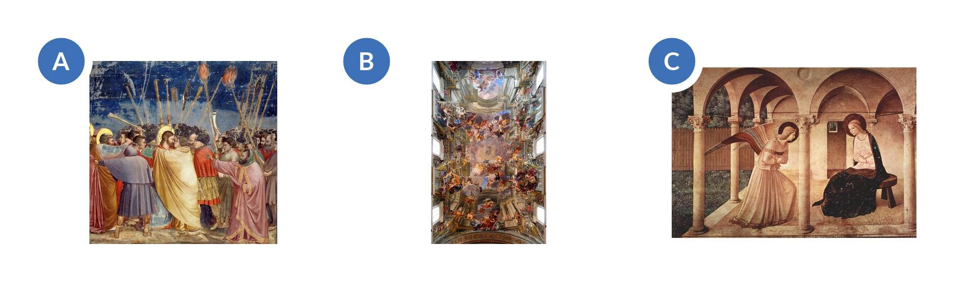 A – ilustracja przedstawia grupę postaci na pierwszym i dalszych planach. W tle znajduje się niebiesko‑granatowe niebo. B – ilustracja przedstawia ujęcie z dołu sufitu w wysokim wnętrzu. Przy wykorzystaniu silnych skrótów perspektywicznych znajdują się na nim postaci namalowane z dbałością o szczegóły. C – ilustracja przedstawia dwie postaci na pierwszym planie, które znajdują się pod arkadami wspartymi na kolumnach.