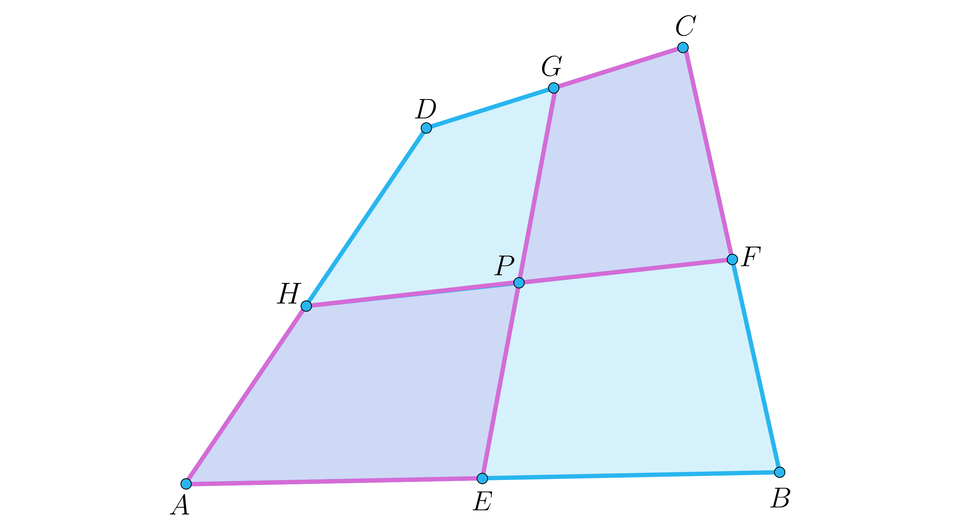 Na ilustracji przedstawiono czworokąt A B C D. Punkt E stanowi środek boku A B, punkt F stanowi środek boku B C, punkt G stanowi środek boku D C, oraz punkt H stanowi środek boku A D. Zaznaczono odcinki łączące punkty G i E, oraz H i F. W miejscu przecięcia się odcinków zaznaczono punkt P. Zacieniowano powstałe czworokąty P G C F, oraz A H P E.