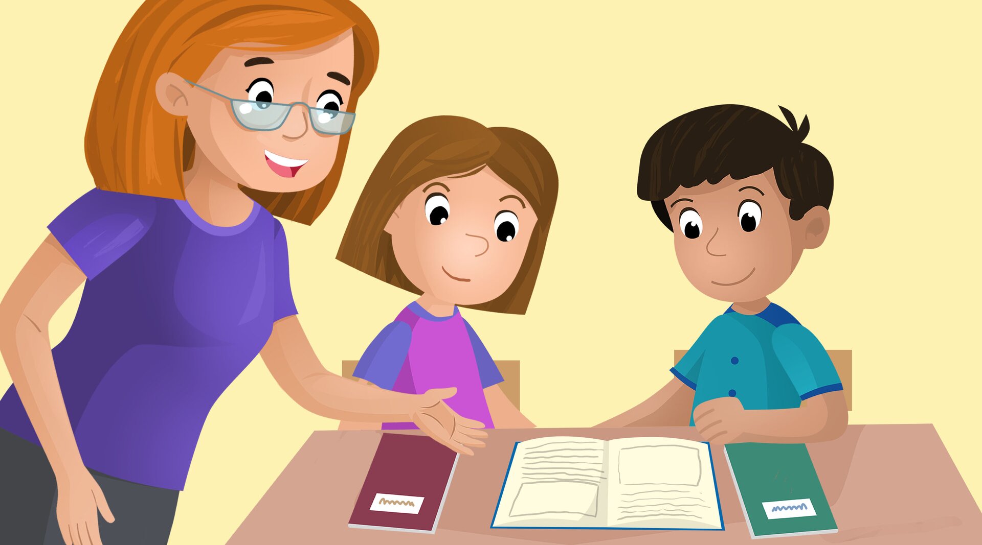 Ilustracja przedstawia nauczycielkę i dwójkę uczniów. Uczniowie siedzą w ławce i mają otwartą książkę. Nauczycielka stoi obok uczniów i tłumaczy im coś.