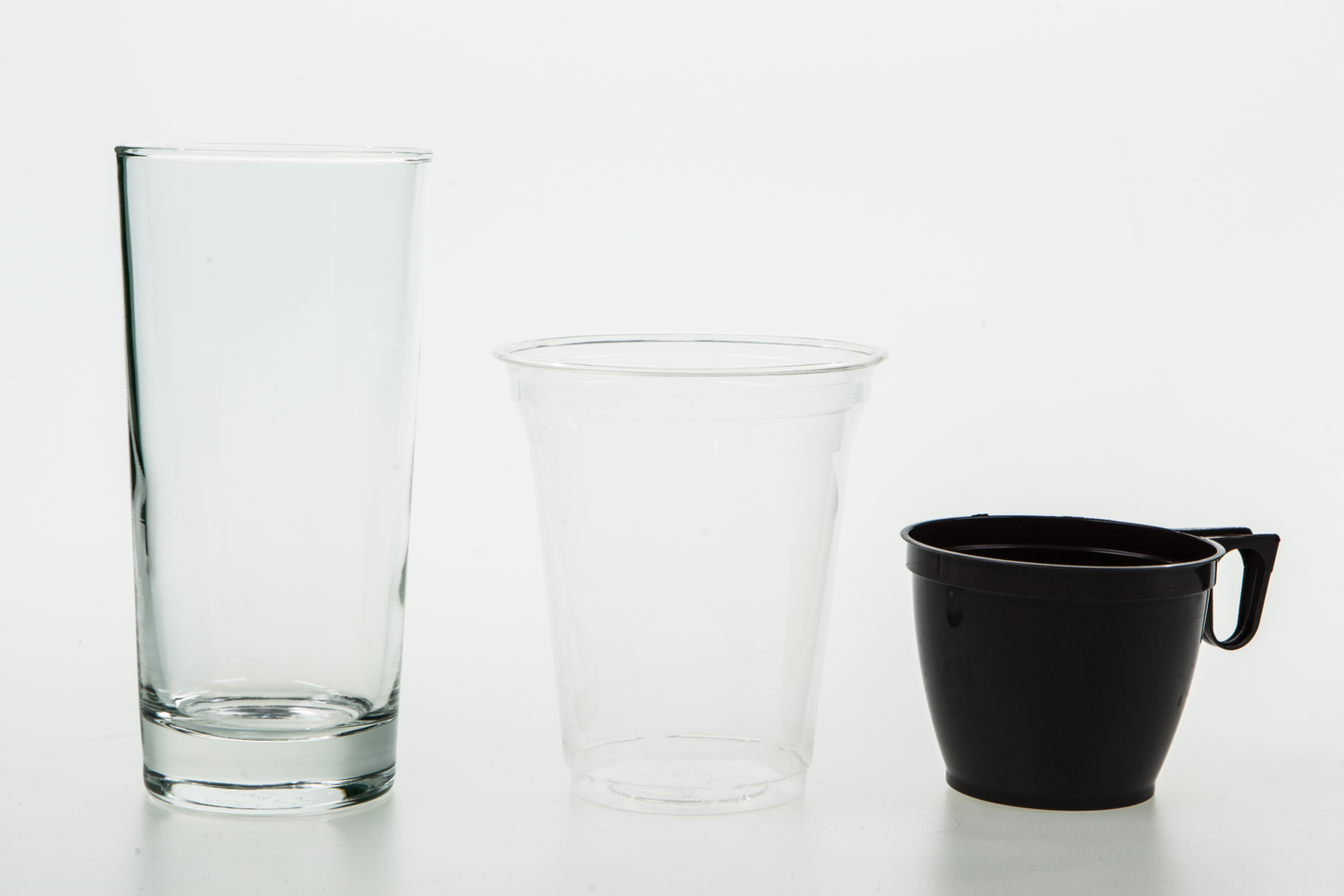 Fotografia przedstawia trzy różne naczynia: szklankę i dwa plastikowe kubki w tym jeden brązowy z uchem.