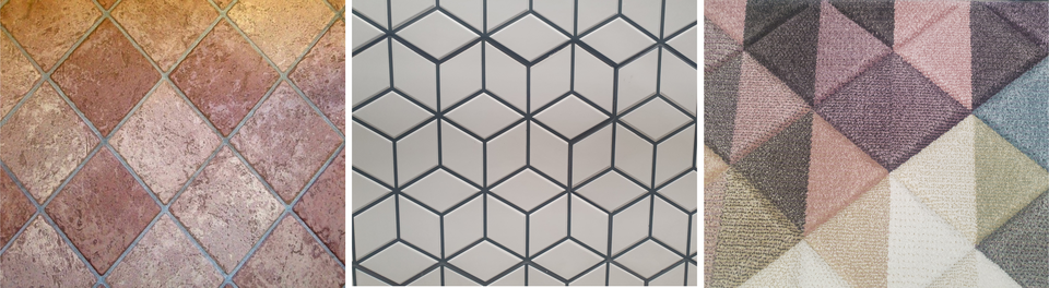 Ilustracja przedstawia mozaiki z płytkami w kształcie rombu.