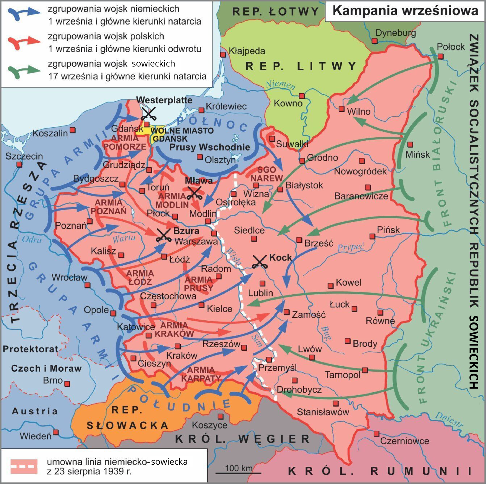 Mapa Europy Środkowej przedstawiająca kampanię wrześniową. Na środku jest Polska, po lewej Trzecia Rzesza, a po prawej Związek Socjalistycznych Republik Sowieckich. Od strony Trzeciej Rzeszy dwa fronty: Grupa Armii Południe i Grupa Armii Północ jako zgrupowania wojsk niemieckich 1 września. Główny kierunek natarcia skierowany jest na Polskę do Wisły. Od strony ZSRS dwa fronty: Front Białoruski i Front Ukraiński jako zgrupowania wojsk sowieckich 1 września. Główny kierunek natarcia skierowany na Polskę do Wisły. Oznaczone są zgrupowania wojsk polskich 1 września i główne kierunki odwrotu od zachodniej i północnej granicy z Trzecią Rzeszą. Na mapie zaznaczono umowną granicę niemiecko‑sowiecką z 23 sierpnia 1939 roku, która przebiega wzdłuż Wisły i Sanu.