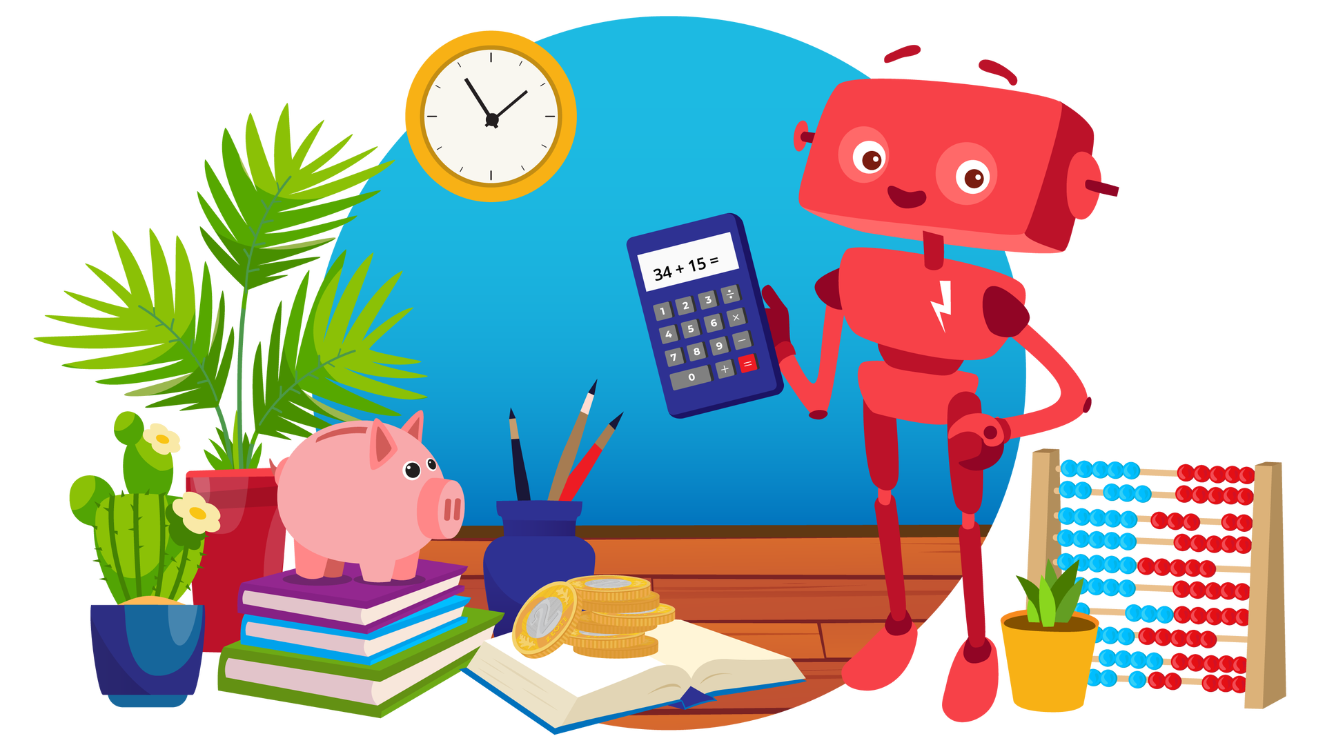 Ilustracja przedstawia pomieszczenie w domu Franka i Mai. W tle widać niebieską ścianę, na której po lewej stronie wisi okrągły pomarańczowy zegar ze wskazówkami. Po lewej stronie stoi na podłodze kaktus w granatowej donicy, a obok niego duża zielona roślina w czerwonej donicy. Dalej są trzy książki ułożone jedna na drugiej. Pierwsza ma fioletową okładkę, druga niebieską, a trzecia zieloną. Na książkach stoi różowa świnka skarbonka. Obok jest otwarta książka w ciemnoniebieskiej okładce. Leży na niej kilka monet dwuzłotowych. Nieco dalej znajduje się granatowy wazonik z trzema pędzlami. Po prawej stronie ilustracji stoi na podłodze duże liczydło, czyli urządzenie służące do liczenia, składające się z drewnianego stojaka i wielu drewnianych oczek umieszczonych w poziomych rzędach na drewnianych patyczkach. Oczka po lewej stronie są niebieskie, a po prawej czerwone. Obok jest ustawiona niewielka zielona roślina w pomarańczowej donicy. Pomiędzy przedmiotami widocznymi na podłodze stoi uśmiechnięty Zgrzytek. Jest to czerwony robot o prostokątnej głowie z krótkimi antenkami zamiast uszu, dwiema rękami i dwiema nogami. Na przedniej części jego tułowia widnieje biały znaczek w postaci błyskawicy. Zgrzytek trzyma w prawej dłoni granatowy kalkulator. Na wyświetlaczu kalkulatora widnieje równanie: 34 dodać 15 równa się.