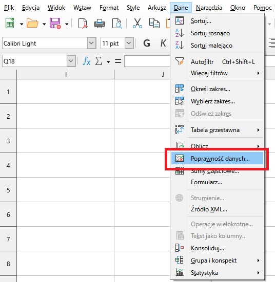 Ilustracja przedstawia arkusz. Z menu wybrano Dane, a następnie z listy Poprawność danych.
