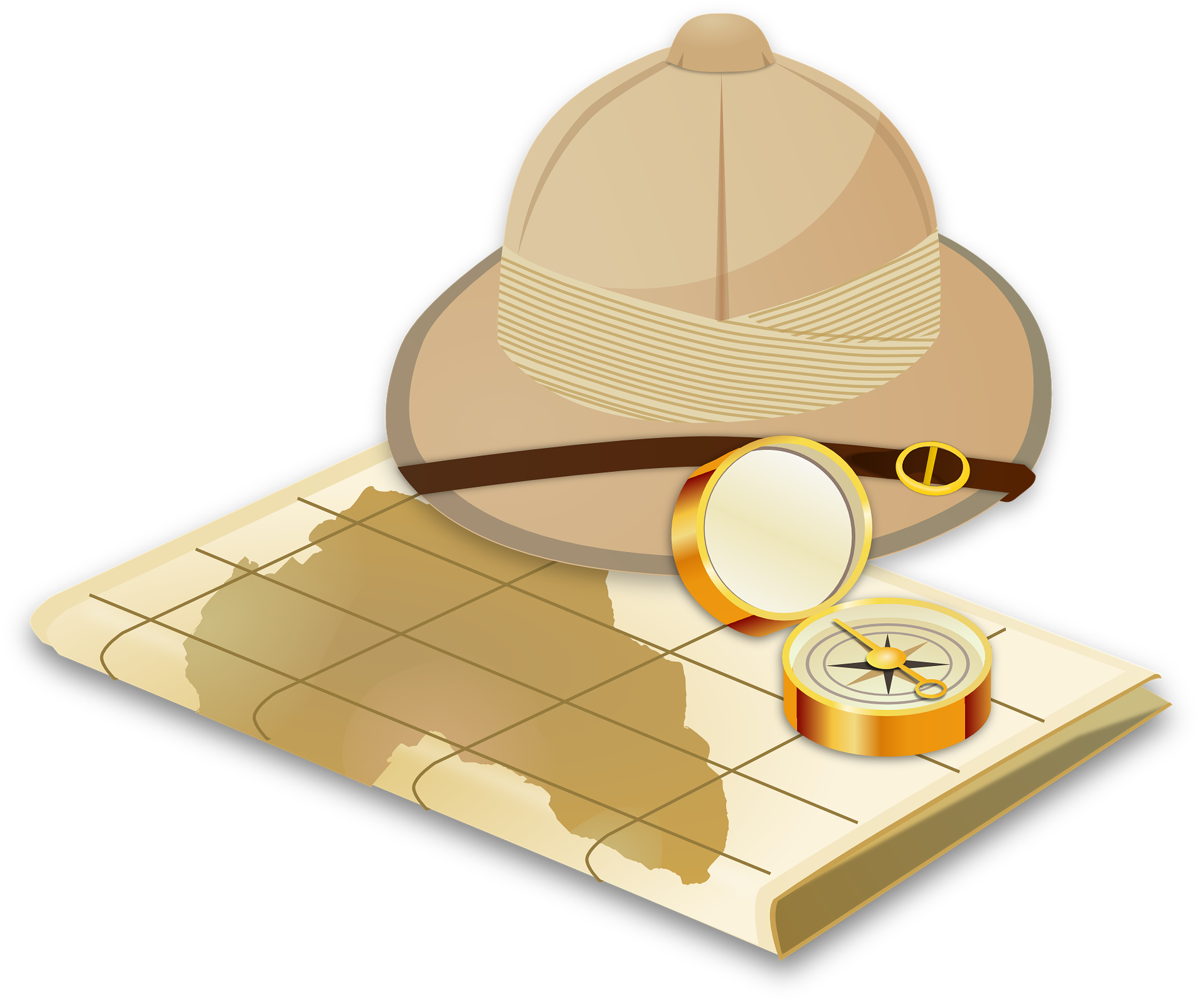 Ilustracja przedstawia kapelusz na safari, kompas i mapę